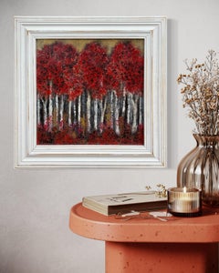 "Red Aspen III" - Red and Gold Modern Post Impressionist Forest Landscape Art