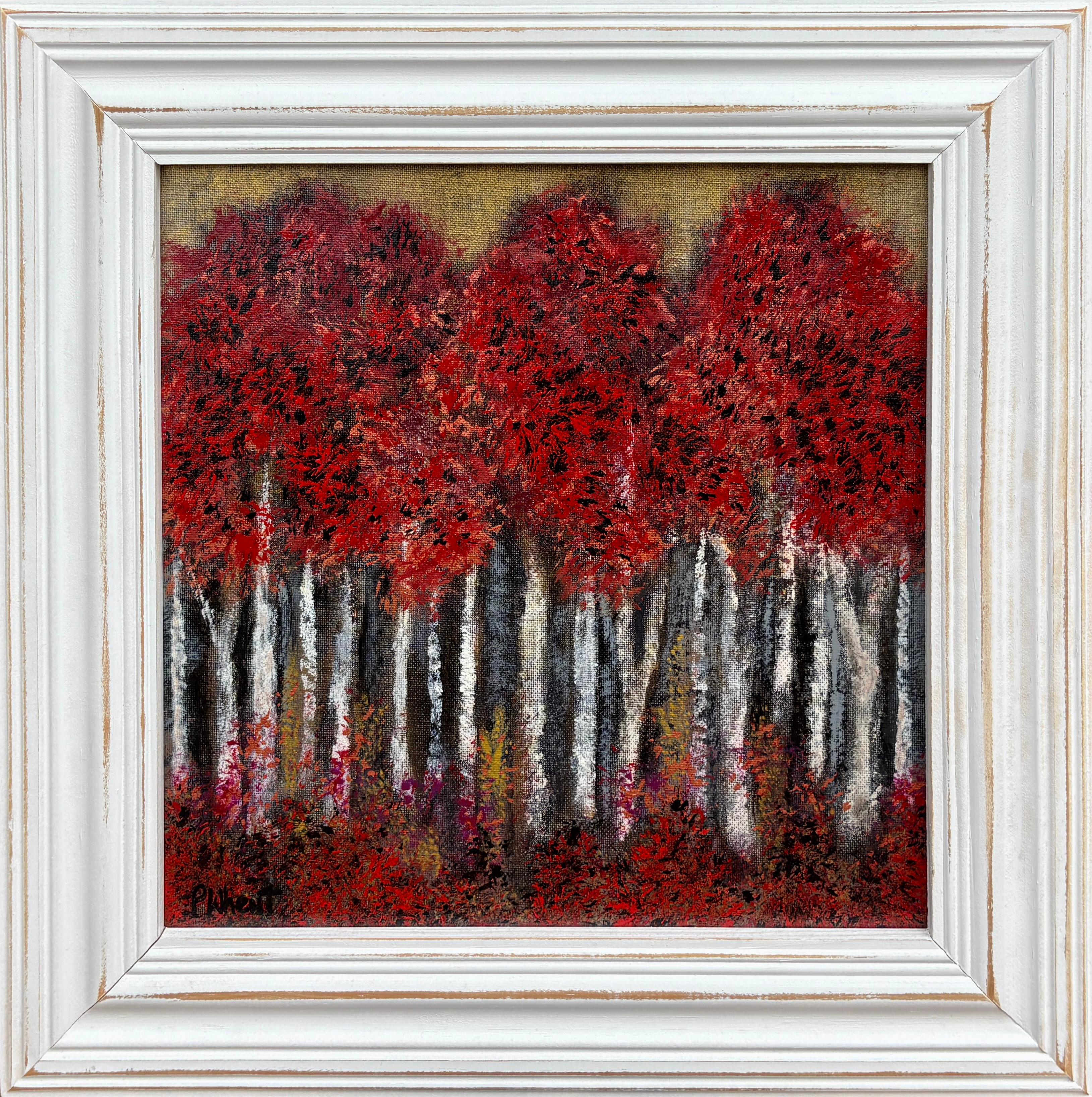 "Red Aspen III" - Red and Gold Modern Post Impressionist Forest Landscape Art