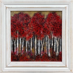 "Red Aspen III" - Red and Gold Modern Post Impressionist Forest Landscape Art