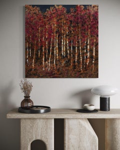 "Sycamores at Dusk" - Contemporary Dark Autumn Forest Landscape in Warm Palette
