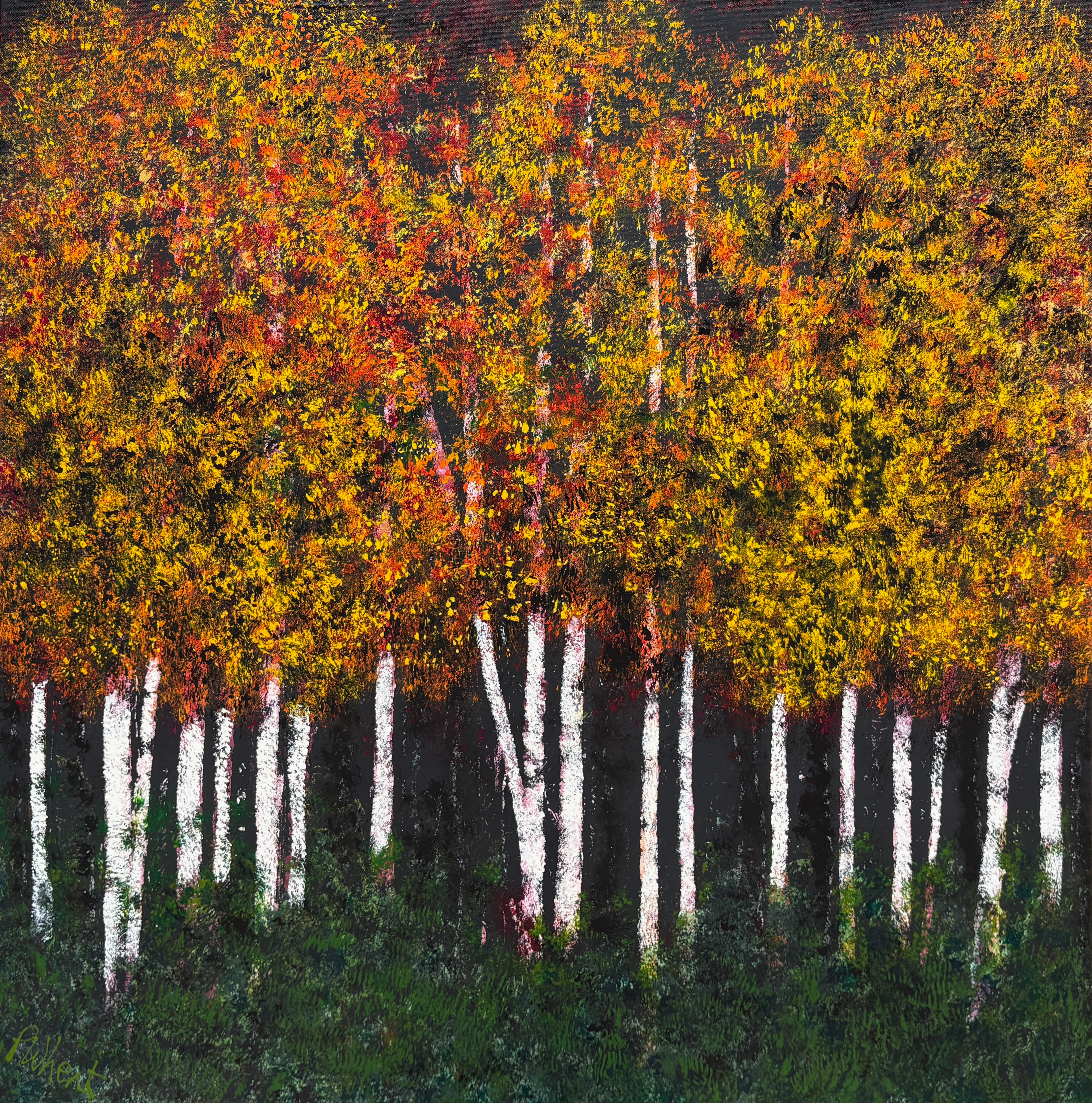 "Platanen bei Sonnenuntergang" - Postimpressionistische Waldlandschaft mit gelben Bäumen