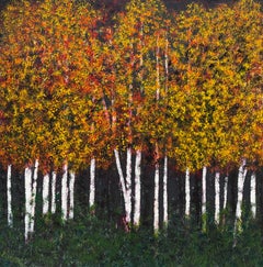 "Platanen bei Sonnenuntergang" - Postimpressionistische Waldlandschaft mit gelben Bäumen