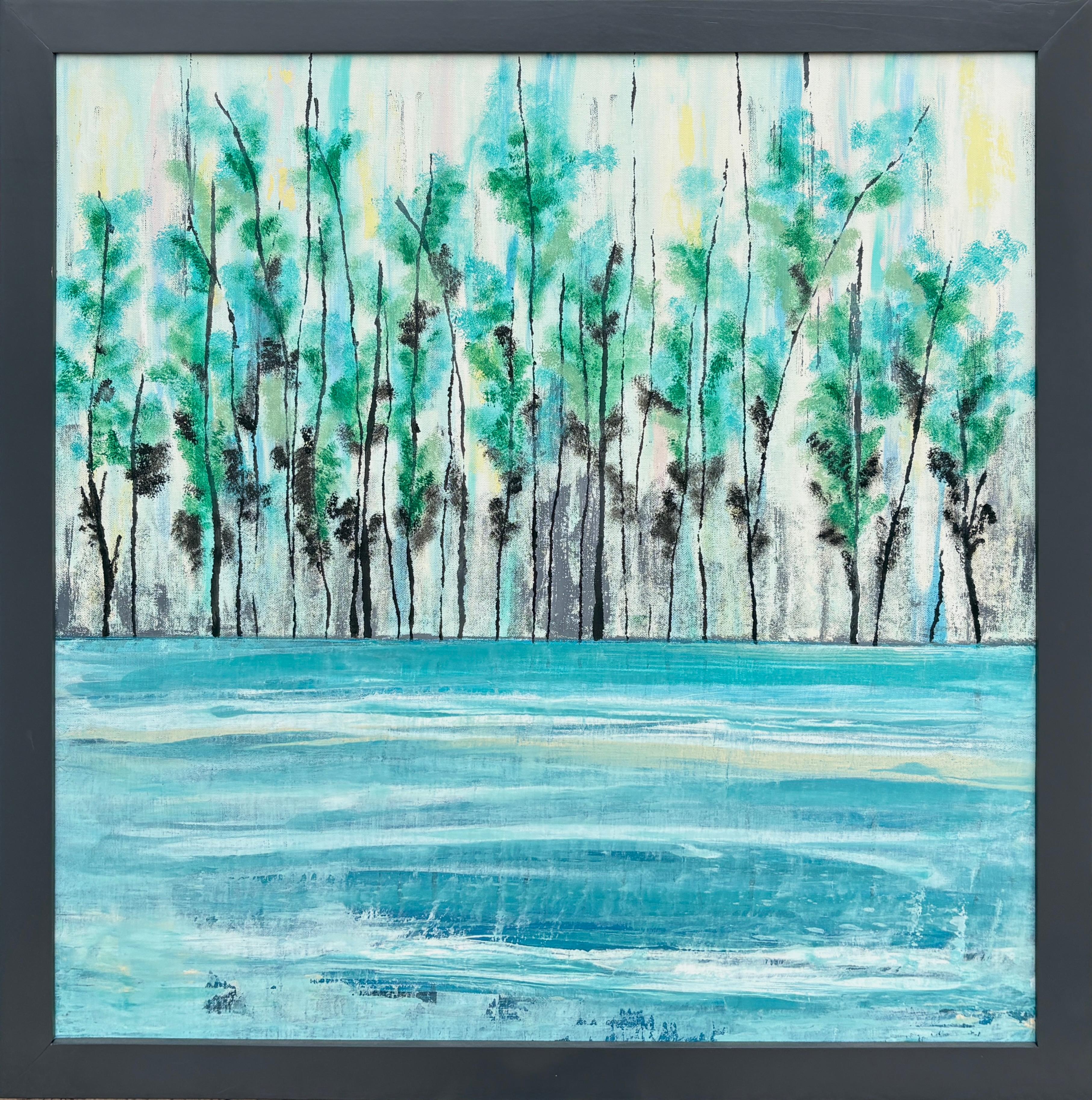 "Waters Edge" - Zeitgenössische post-impressionistische Meereslandschaft in warmer blauer Palette