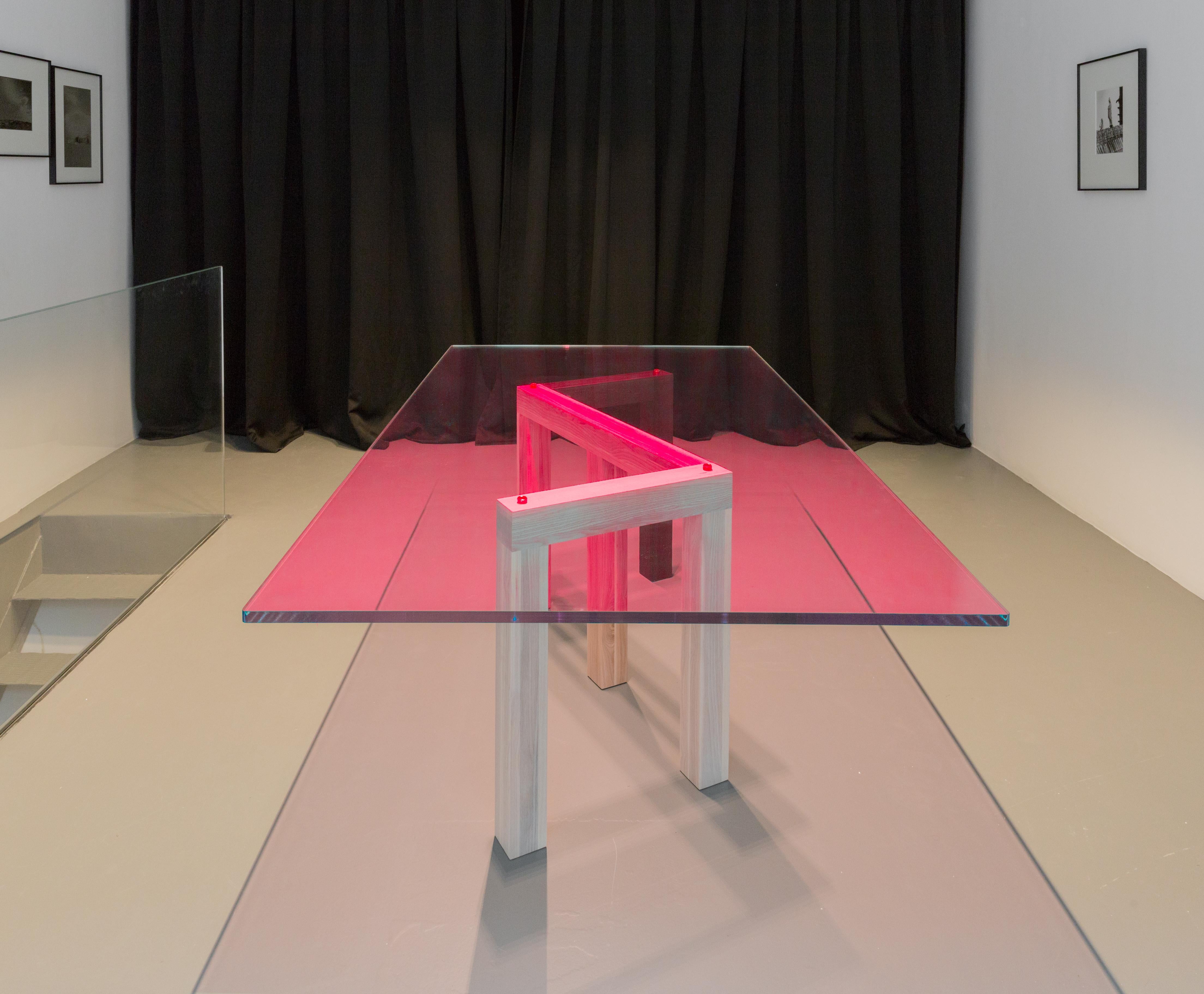 French Penrose Dining Table Ash Legs 'Black Tainted, Natural and Bleached', Pink Glass For Sale