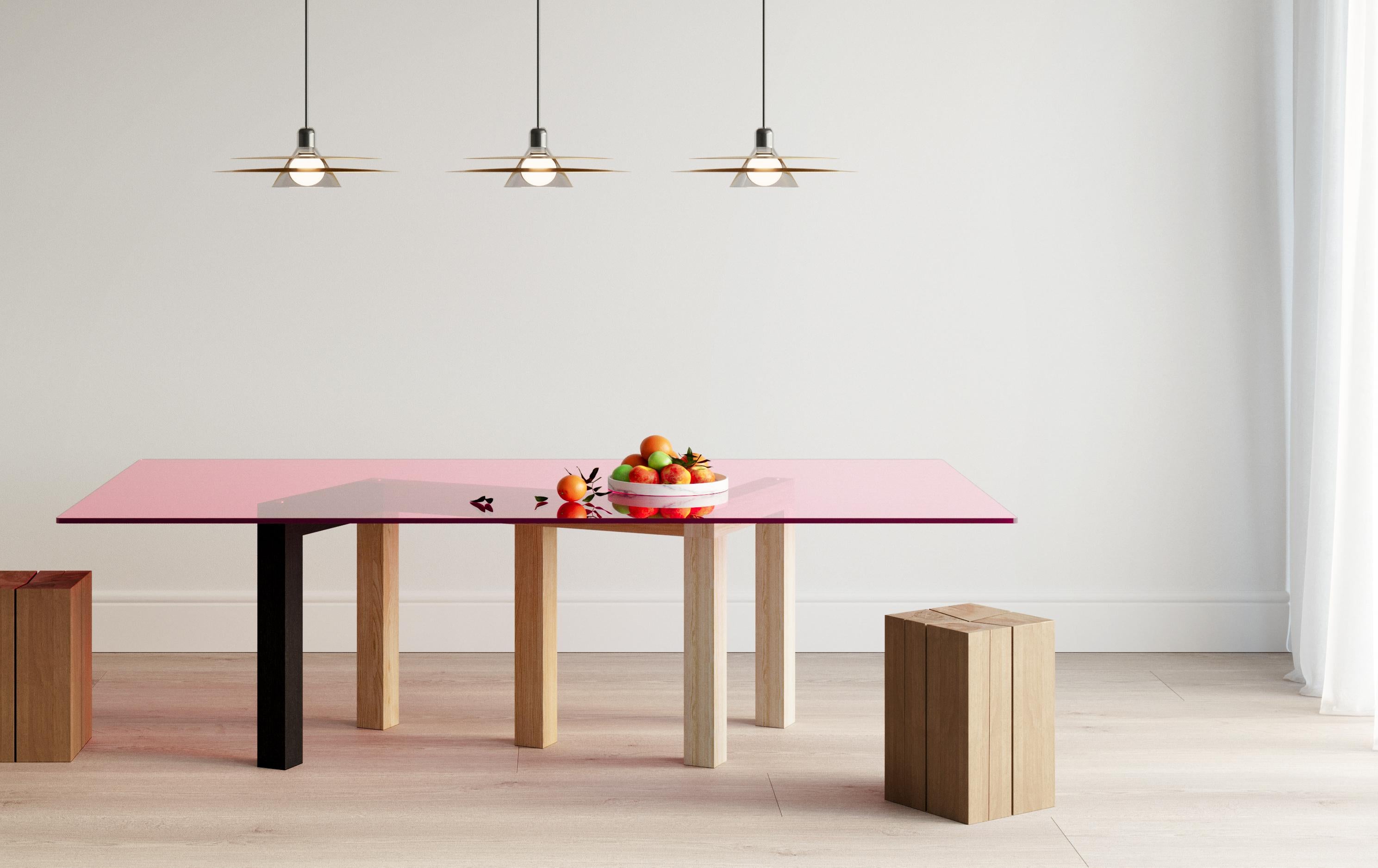 Penrose Dining Table Ash Legs 'Black Tainted, Natural and Bleached', Pink Glass In New Condition For Sale In Beverly Hills, CA