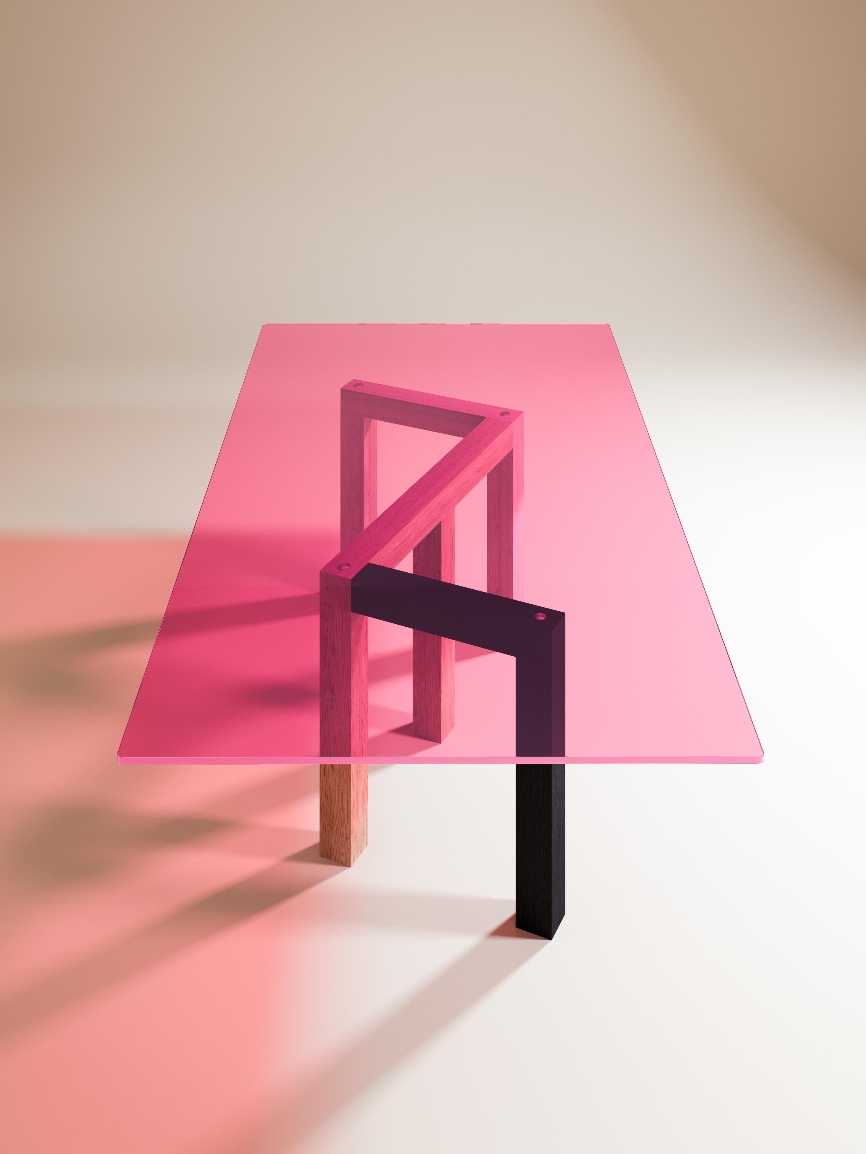 Penrose Dining Table Ash Legs 'Black Tainted, Natural and Bleached', Pink Glass For Sale 1