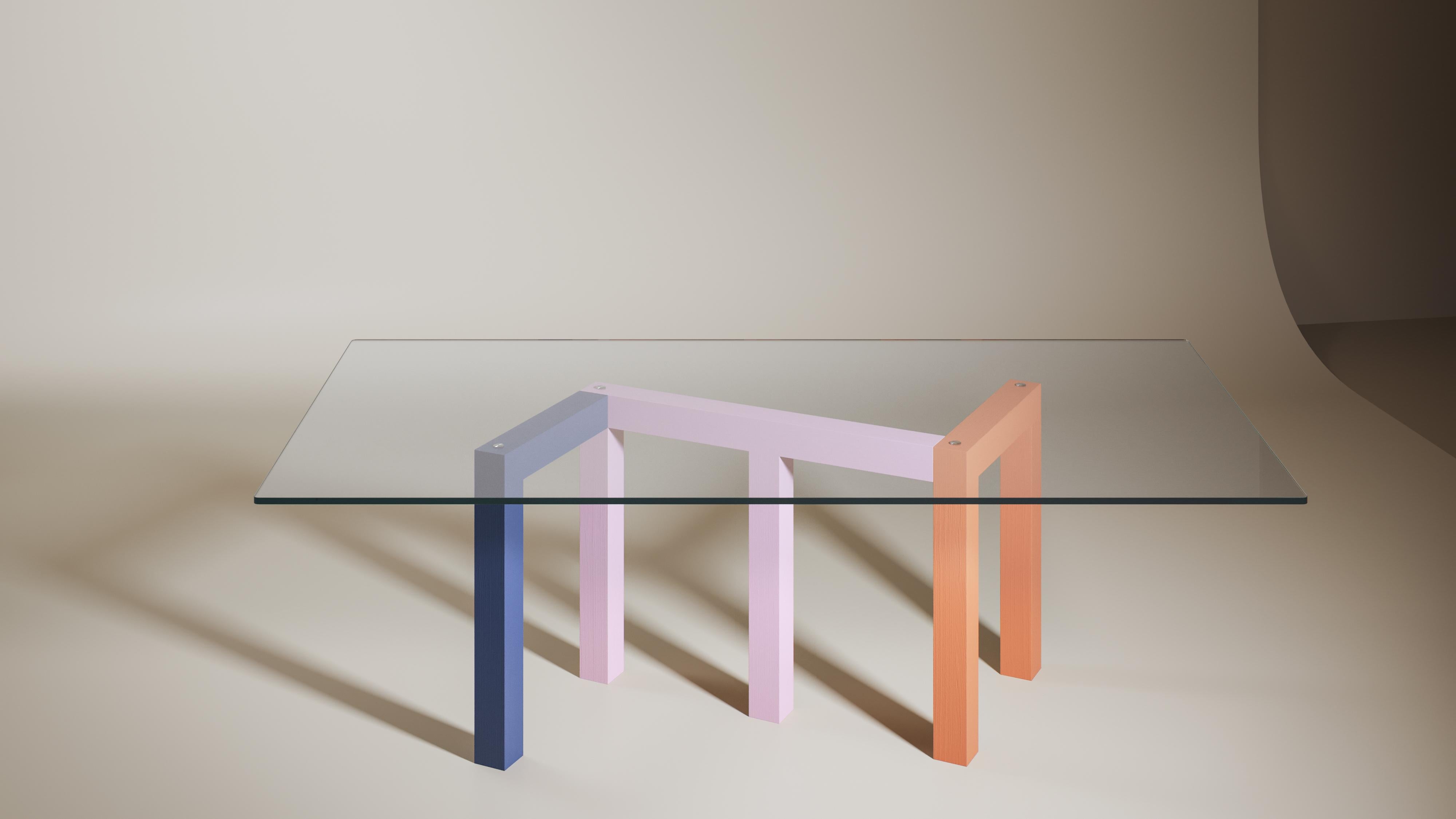 French Penrose Dining Table Ash Legs 'Blue, Pink And Orange', Clear Glass For Sale