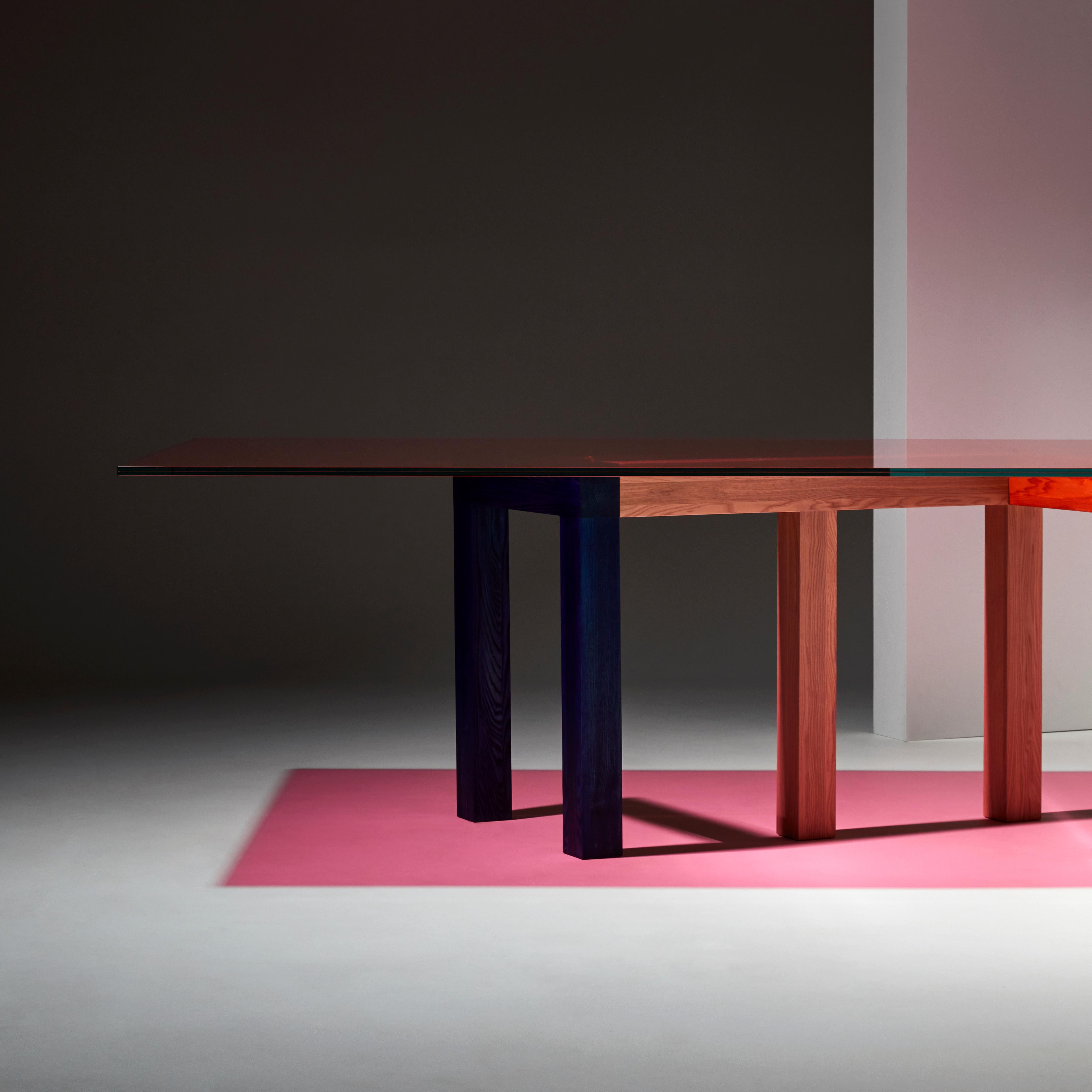 French Penrose Dinner Table, Colored Legs, Pink Glass, by Hayo Gebauer for La Chance For Sale