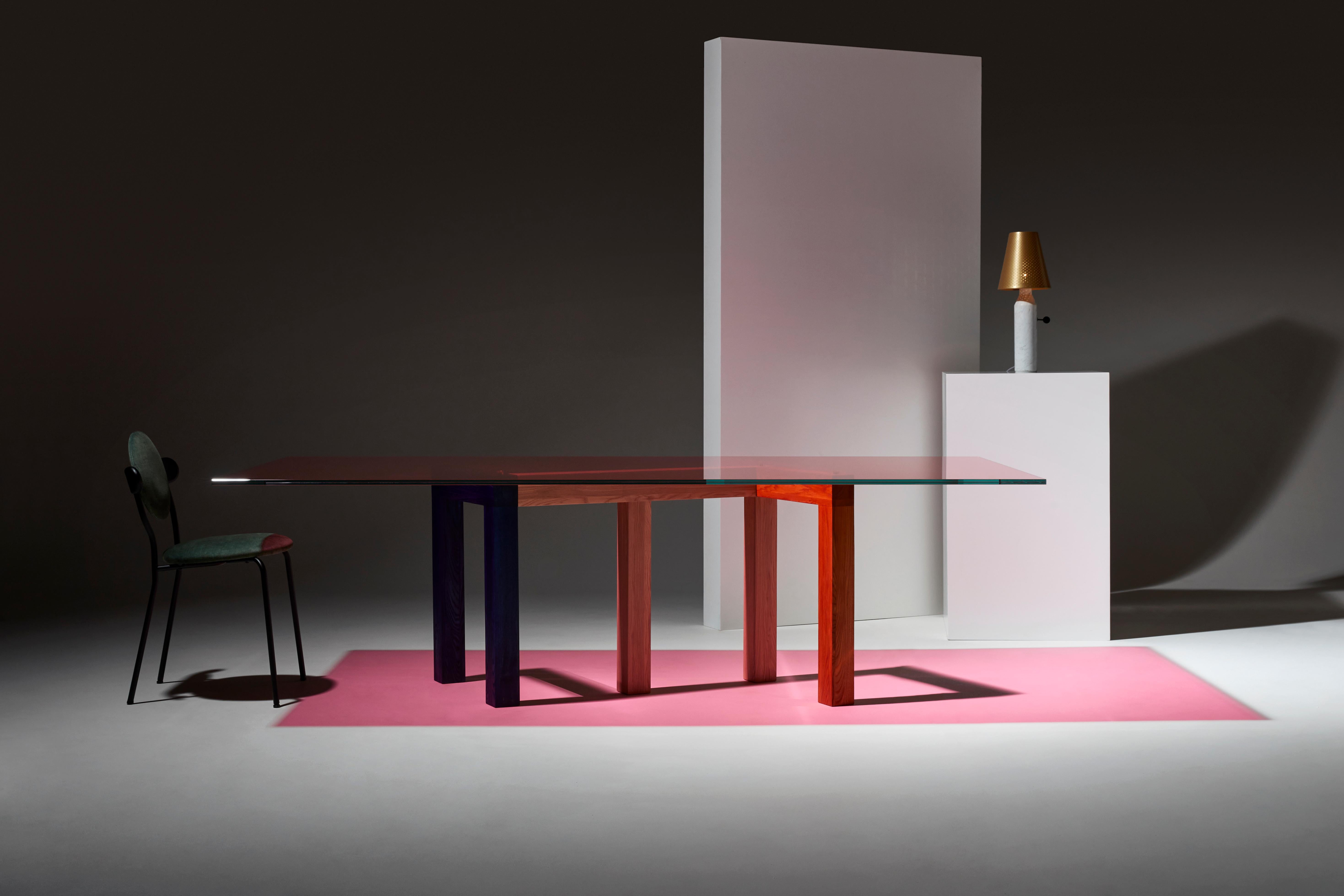 Contemporary Penrose Dinner Table, Colored Legs, Pink Glass, by Hayo Gebauer for La Chance For Sale