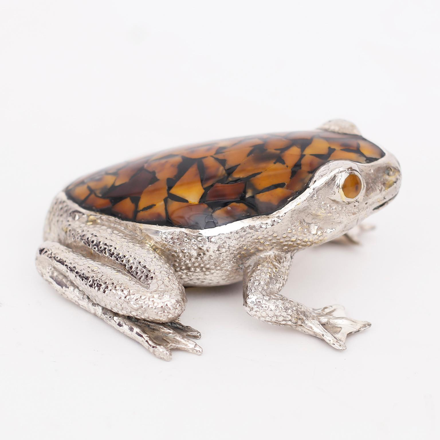 Mid century frog sculpture or object of art crafted in penshell and silver plated bronze with stylized appeal. Signed Maitland-Smith on the bottom.