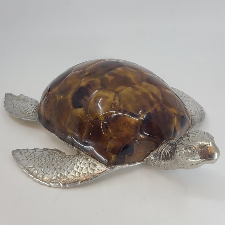 Late 20th Century Penshell and Silvered Bronze Turtle Sculpture For Sale