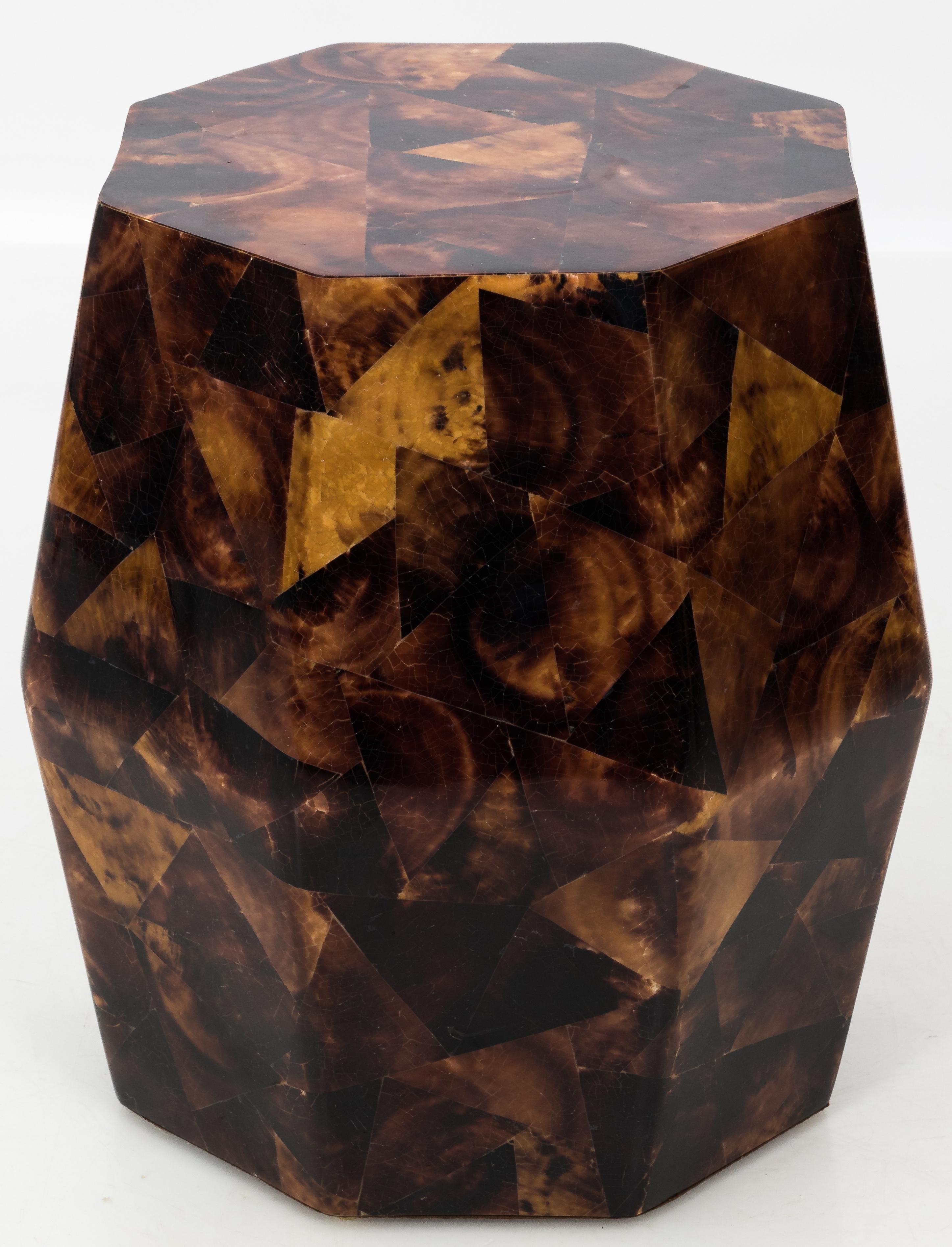 Penshell octagonal garden stool by Maitland-Smith. Could also be used as a side table. Brown penshell with overall crackle finish. No makers mark.