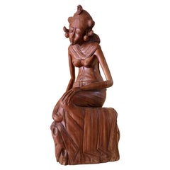 Vintage Pensive Balinese Lady Art Deco Period Bali Indonesian Art Sculpture Wood Carving