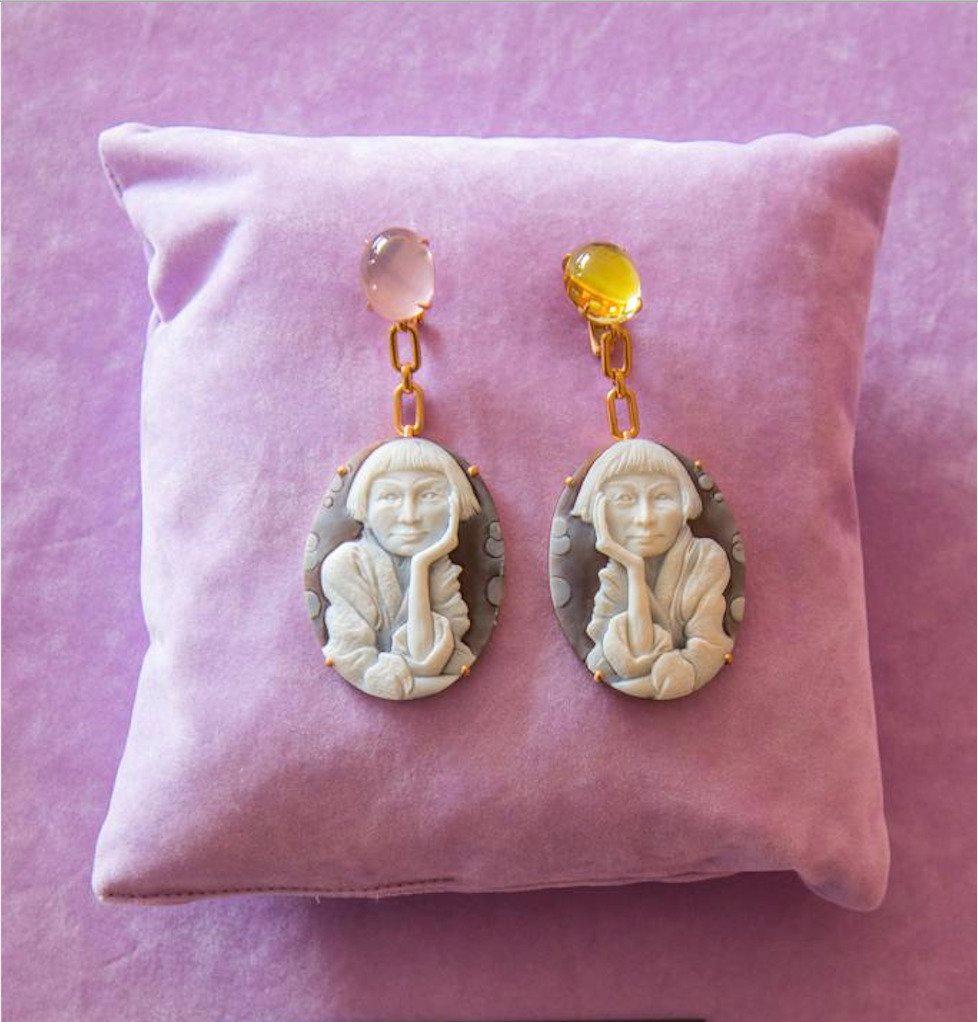 Hand-Carved Pensive Cameo Earrings in 18K Pink Gold w/ Pink & Lemon Quartz by Cindy Sherman For Sale