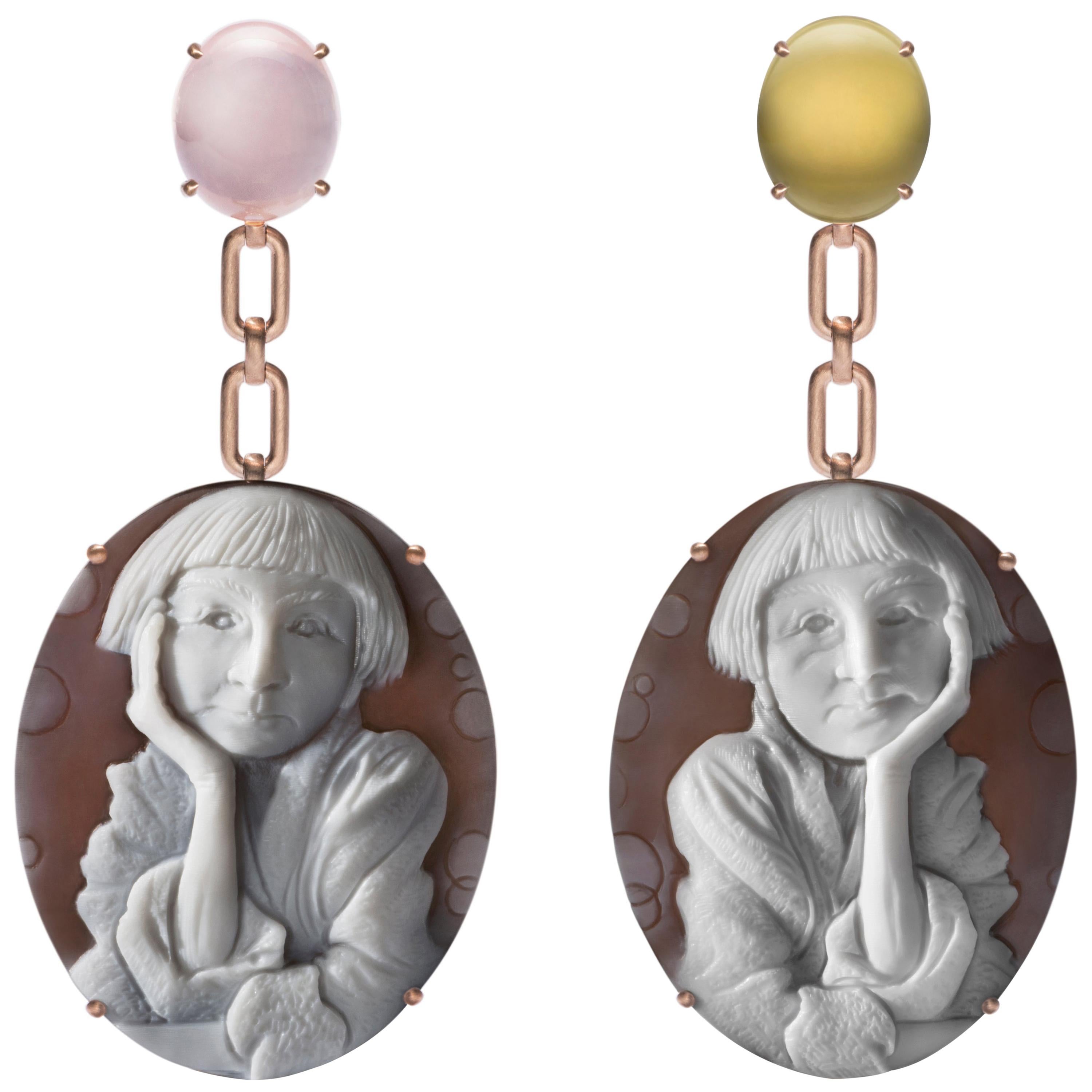 Pensive Cameo Earrings in 18K Pink Gold w/ Pink & Lemon Quartz by Cindy Sherman For Sale