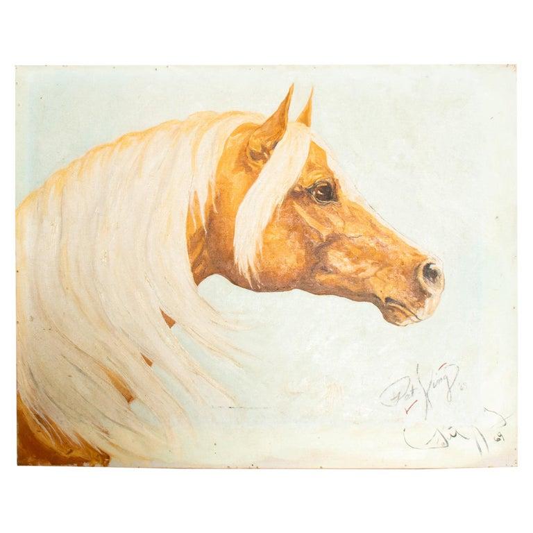 Pensive Palomino Horse Oil on Canvas Painting Signed Pat King 1969 Art Work 1