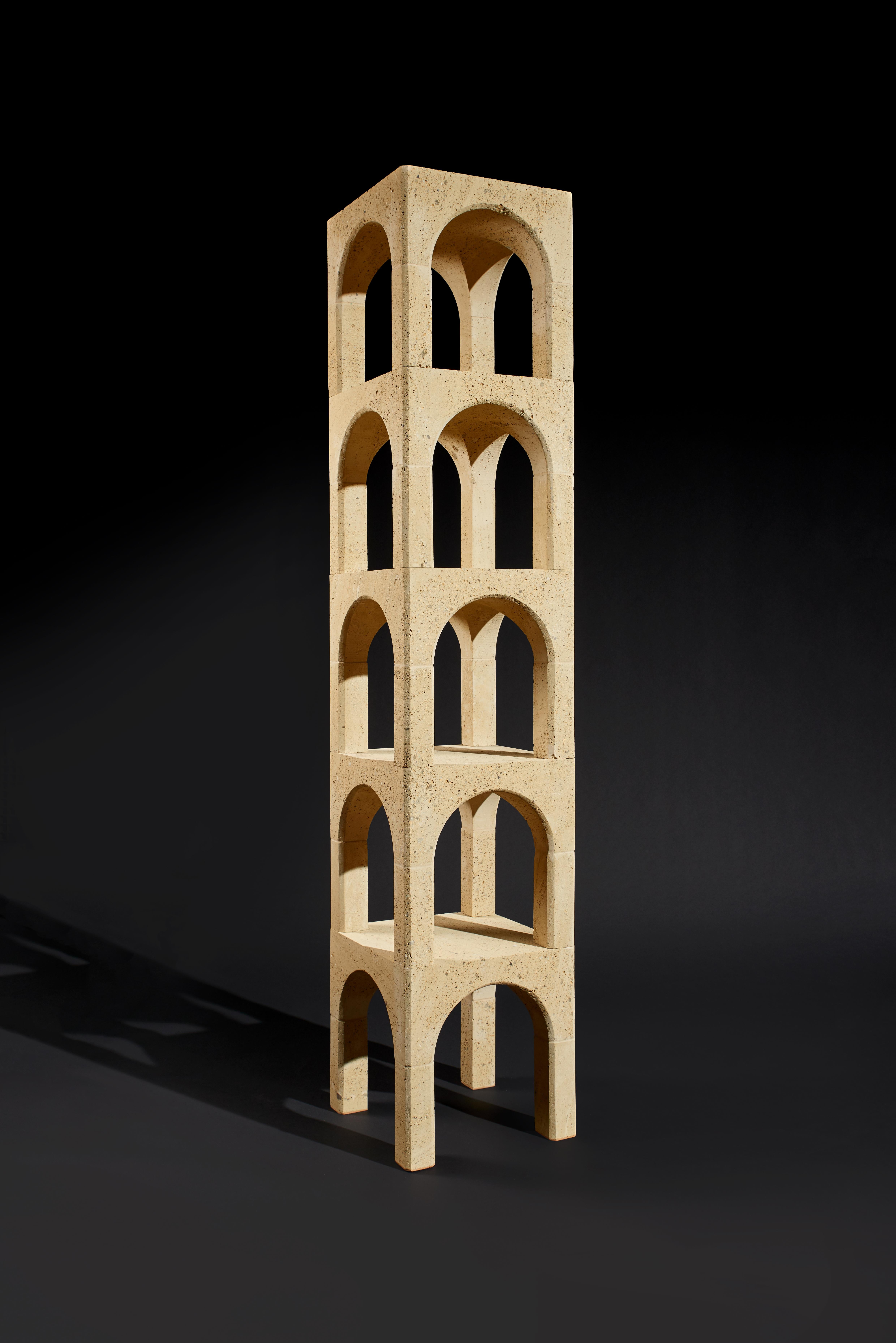 Penta shelf by Corradino Garofalo
Limited Edition of 9 + 1 a.p.
Dimensions: D 42 x W 42 x H 210 cm
Material: Stone.

Partenopea is a collection of six objects that materialise the profound connection between an ignimbrite rock and a city