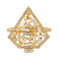 Pentagon Shaped Baguette Diamonds Ring With Pave Diamonds In 18k yellow Gold