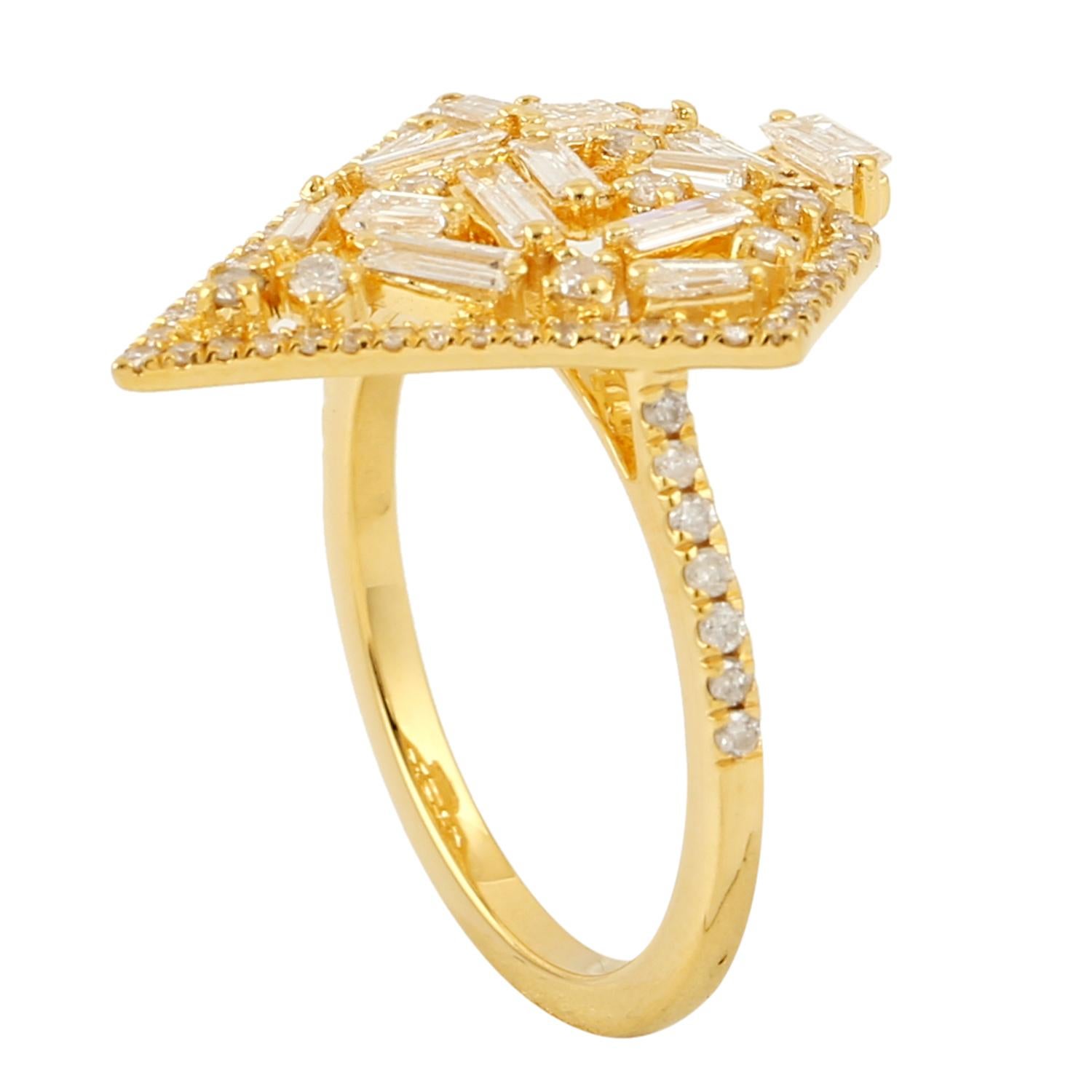 Art Nouveau Pentagon Shaped Baguette Diamonds Ring With Pave Diamonds In 18k yellow Gold For Sale