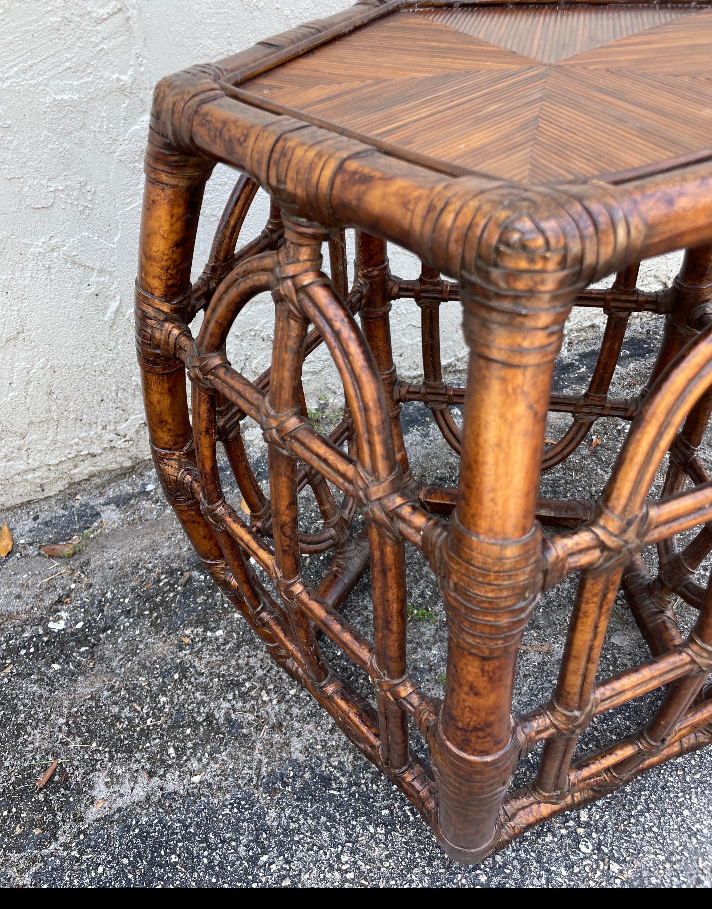 Vintage pentagon shaped bamboo occasional table, Top measures 14.5