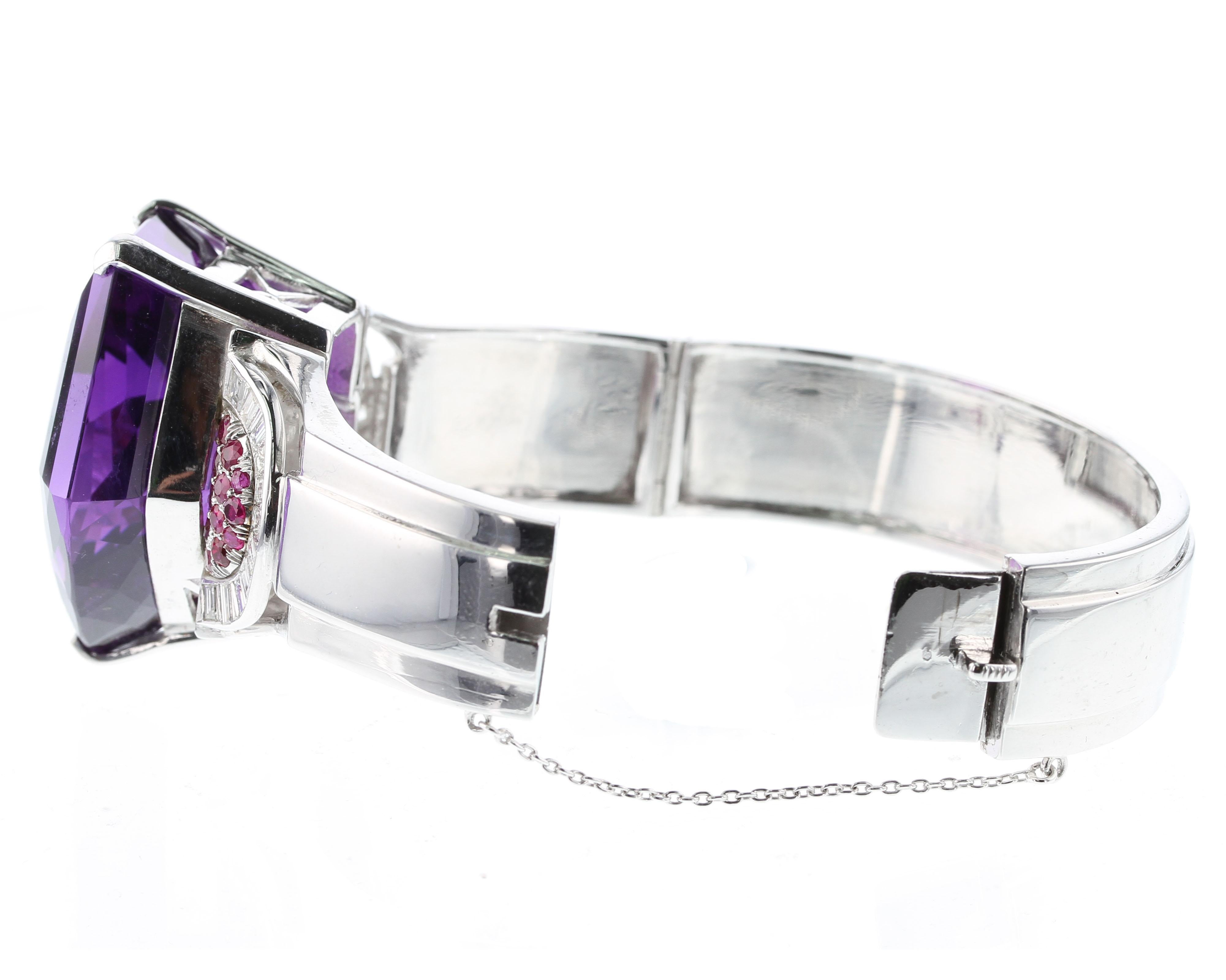 Mixed Cut Pentagonal Amethyst with Rubies and Diamonds, Cuff Bracelet, Palladium For Sale