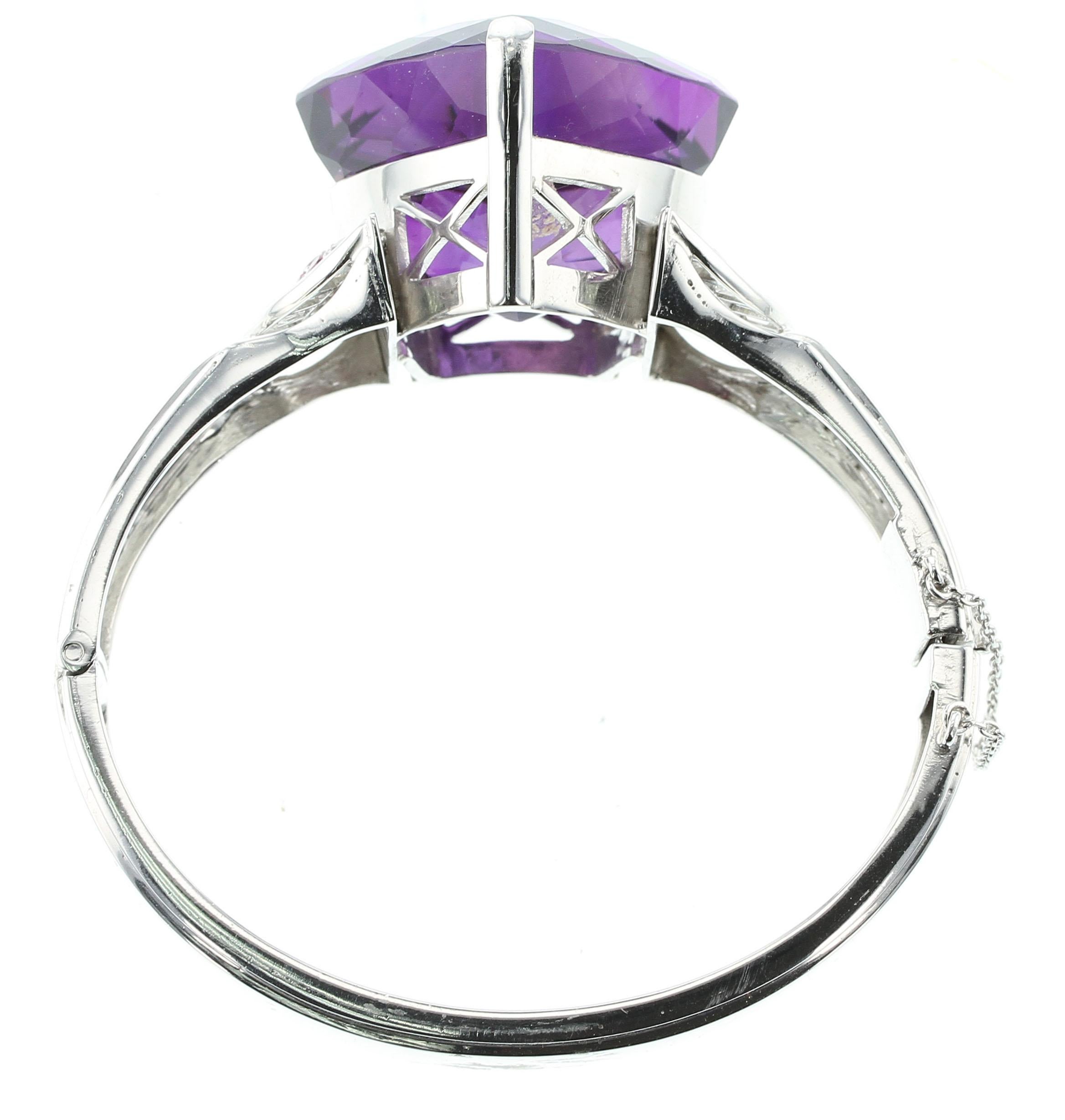 Women's or Men's Pentagonal Amethyst with Rubies and Diamonds, Cuff Bracelet, Palladium For Sale