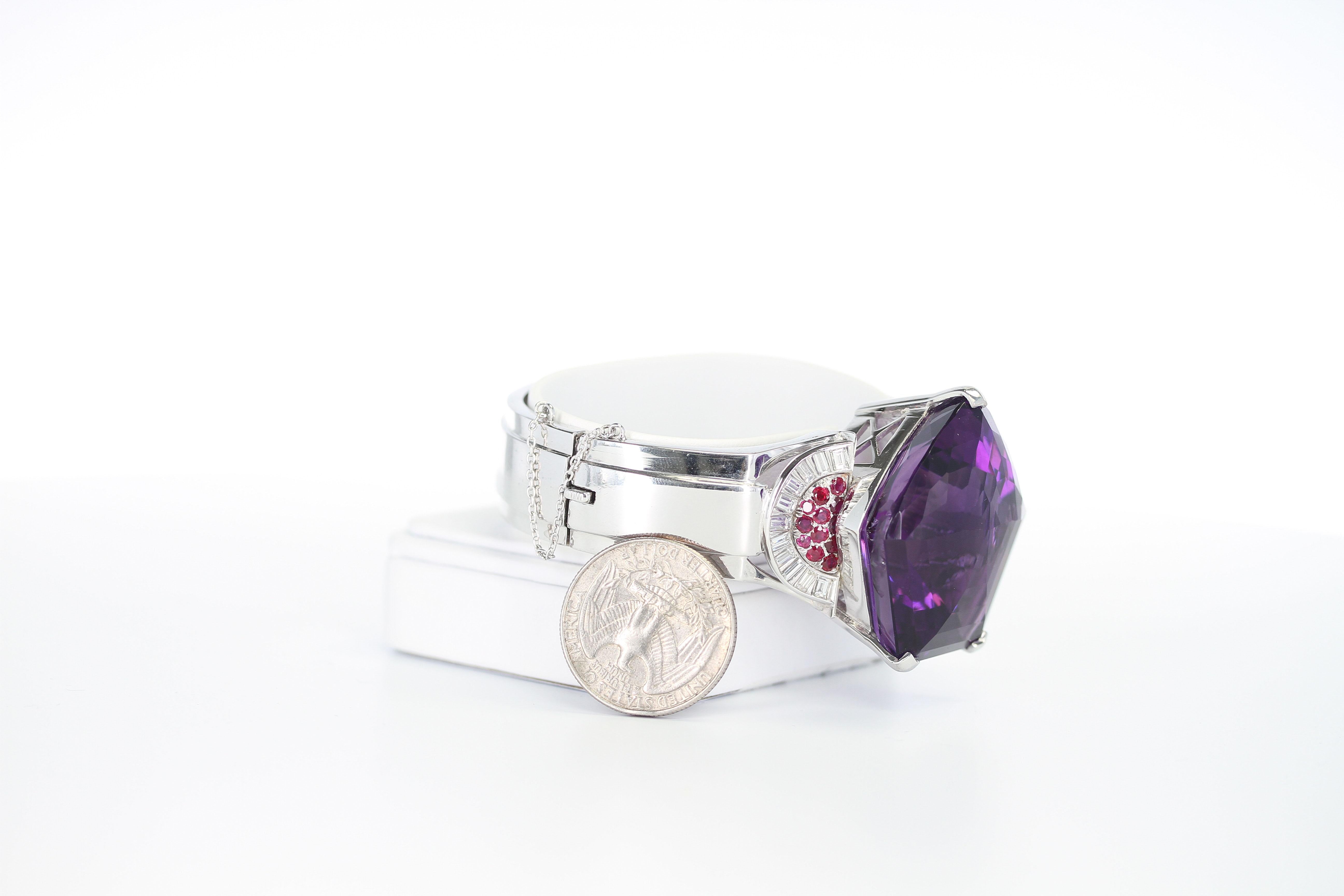 Pentagonal Amethyst with Rubies and Diamonds, Cuff Bracelet, Palladium For Sale 2