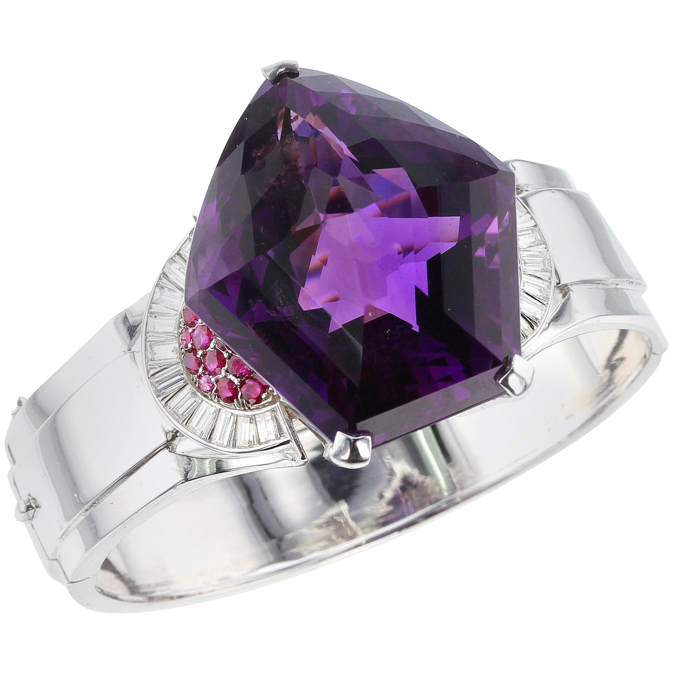 Pentagonal Amethyst with Rubies and Diamonds, Cuff Bracelet, Palladium For Sale