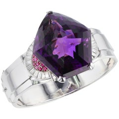 Pentagonal Amethyst with Rubies and Diamonds, Cuff Bracelet, Palladium