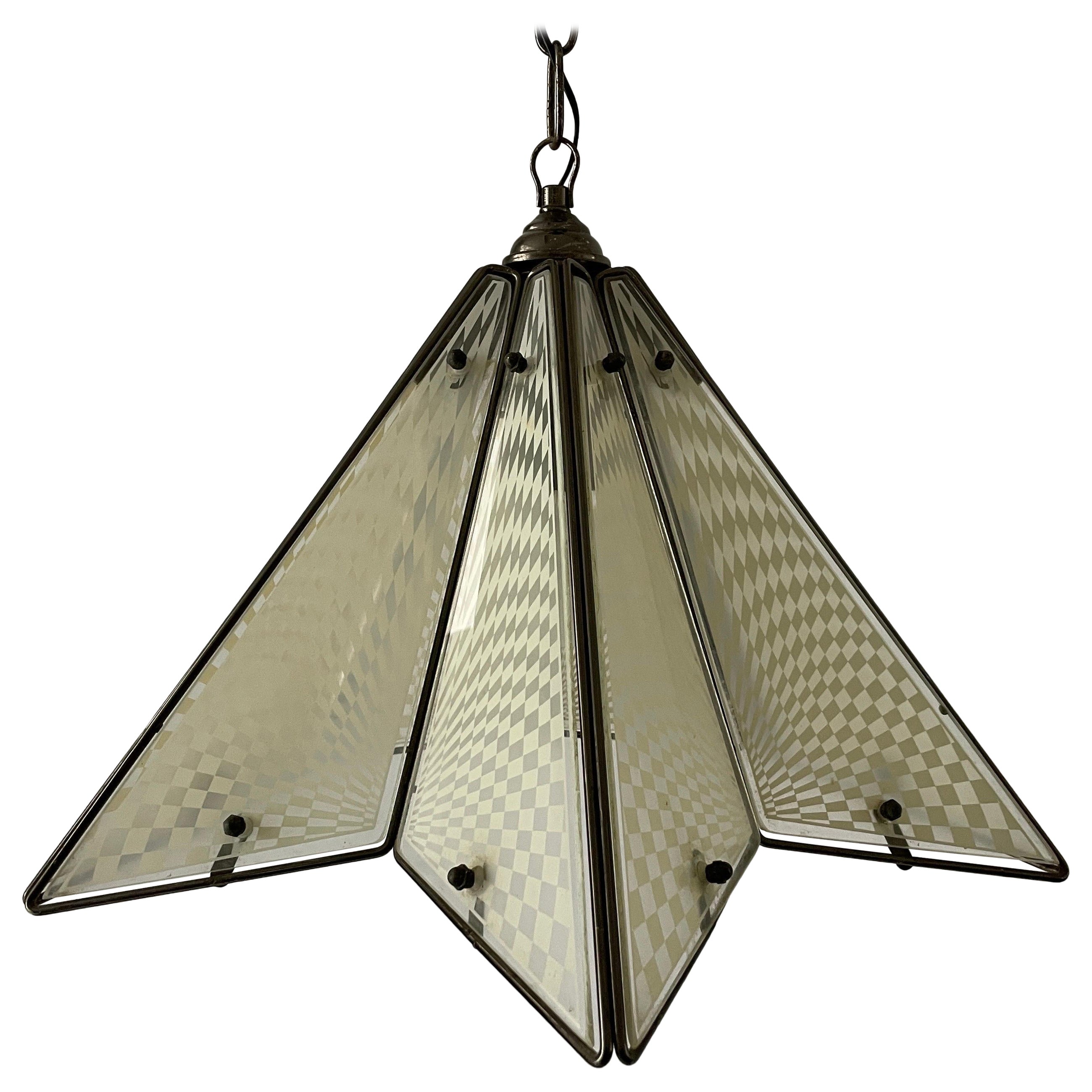 Pentagonal Brass and Glass Ceiling Lamp, 1950s, Italy