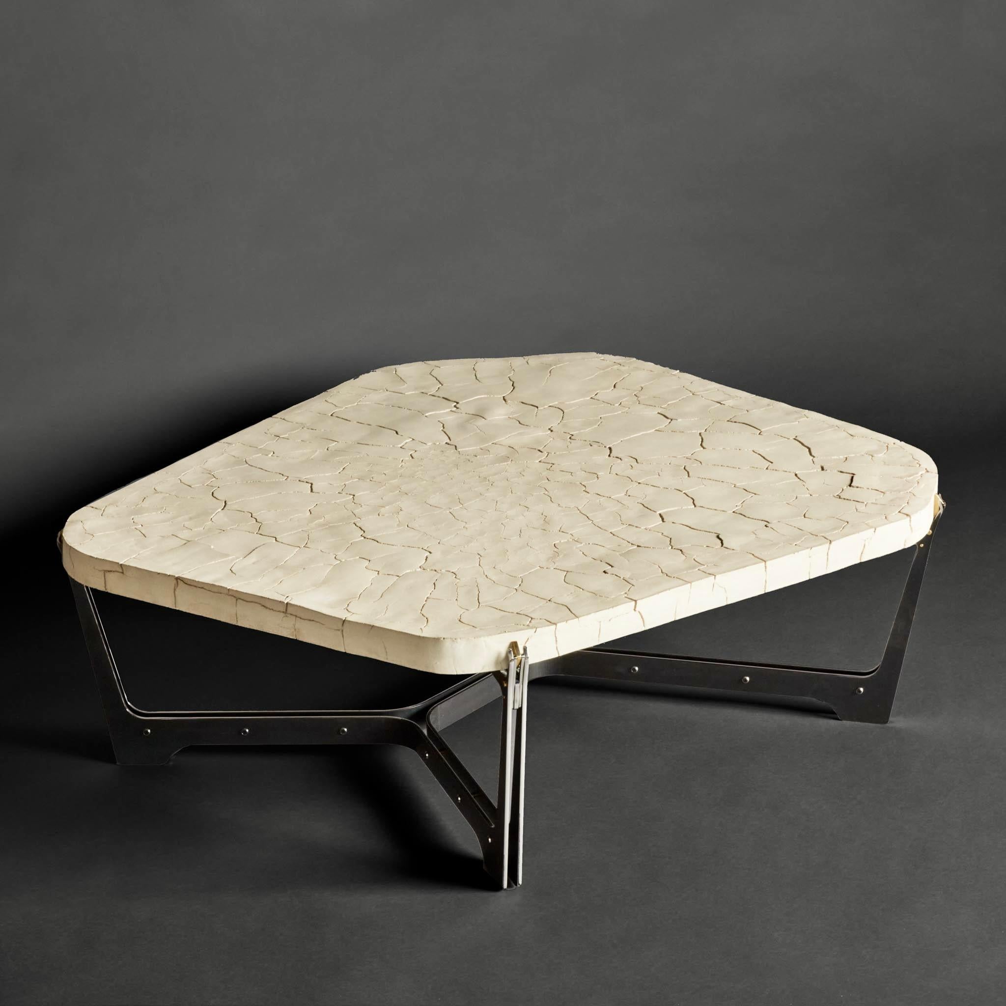 This pentagonal white concrete with black steel & brass details coffee table by Atelier Erwan Boulloud is a Tribute to Alberto Burri Italian Abstract Artist (Città di Castello, Italy 12/03/1915 - 13/02/1995 Nice France).
Signed piece on the