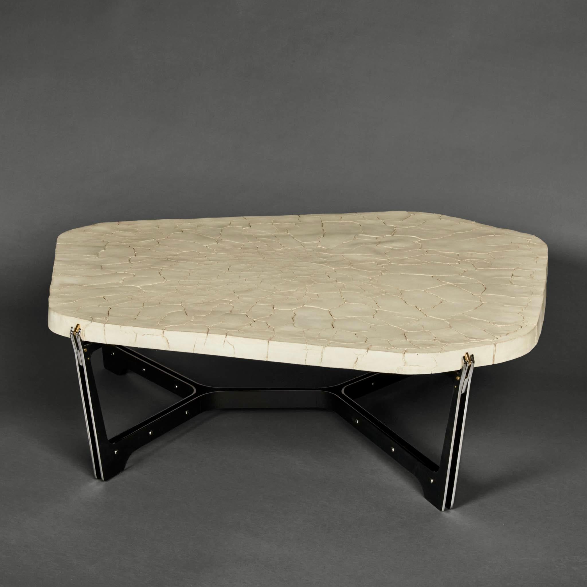 French Pentagonal White Concrete w/Black Steel & Brass Details Coffee Table by Boulloud For Sale