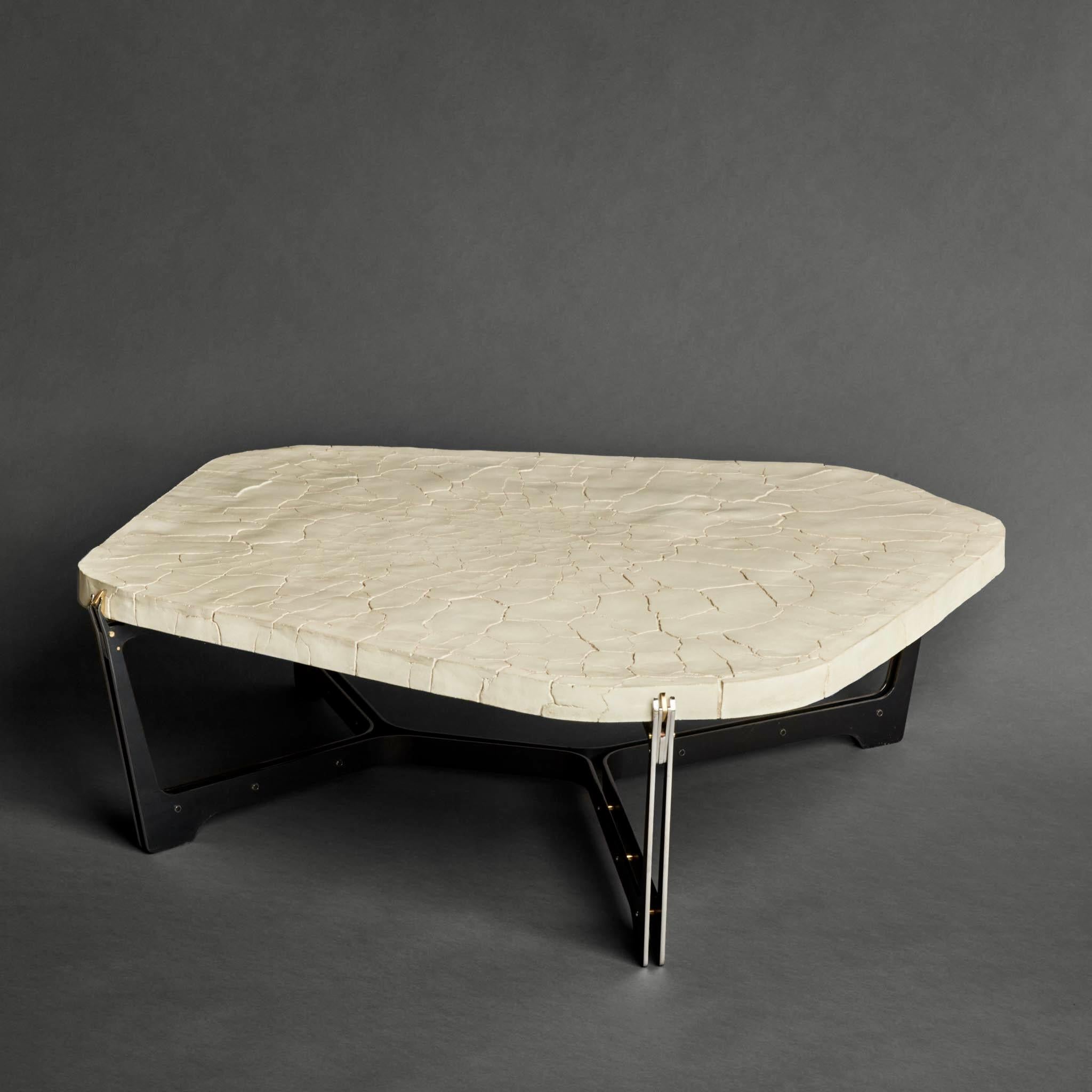 Contemporary Pentagonal White Concrete w/Black Steel & Brass Details Coffee Table by Boulloud For Sale