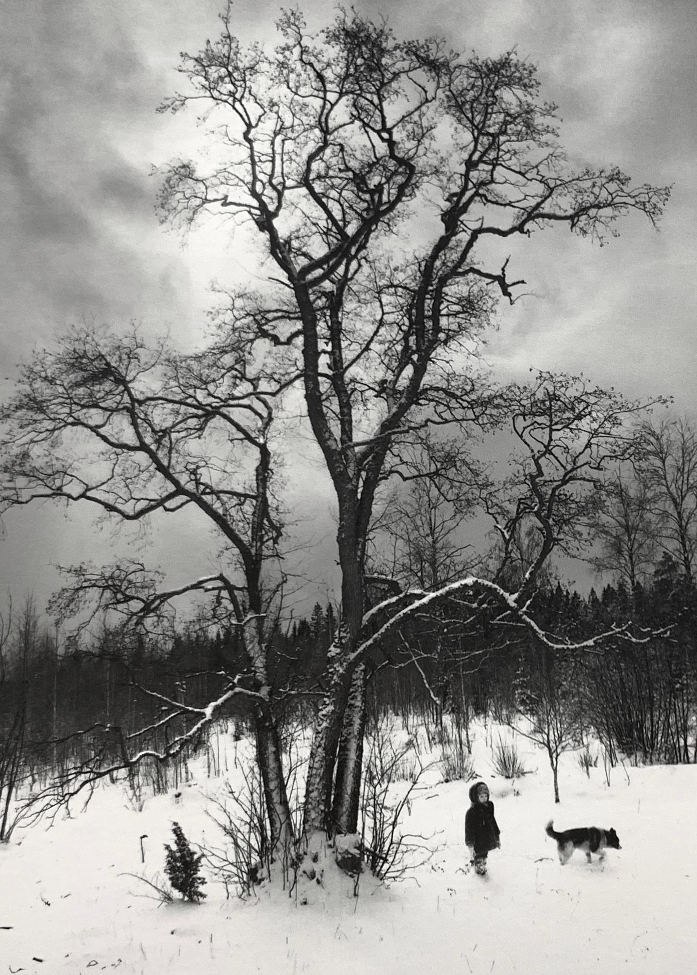Pentti Sammallahti Black and White Photograph - Finström, Finland (Child with Dog in Snow)