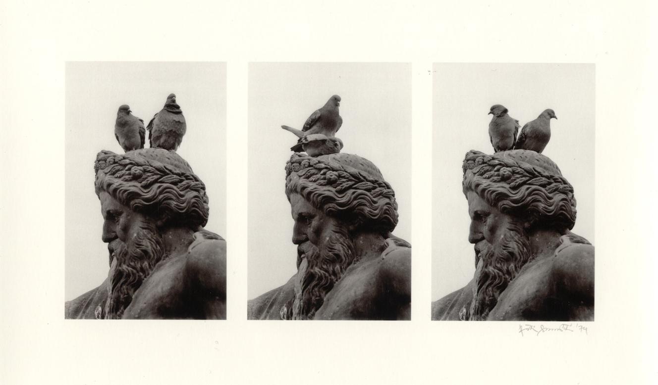 Pentti Sammallahti Black and White Photograph - Krakow, Poland (Triptych of Monument bust with Pigeons)