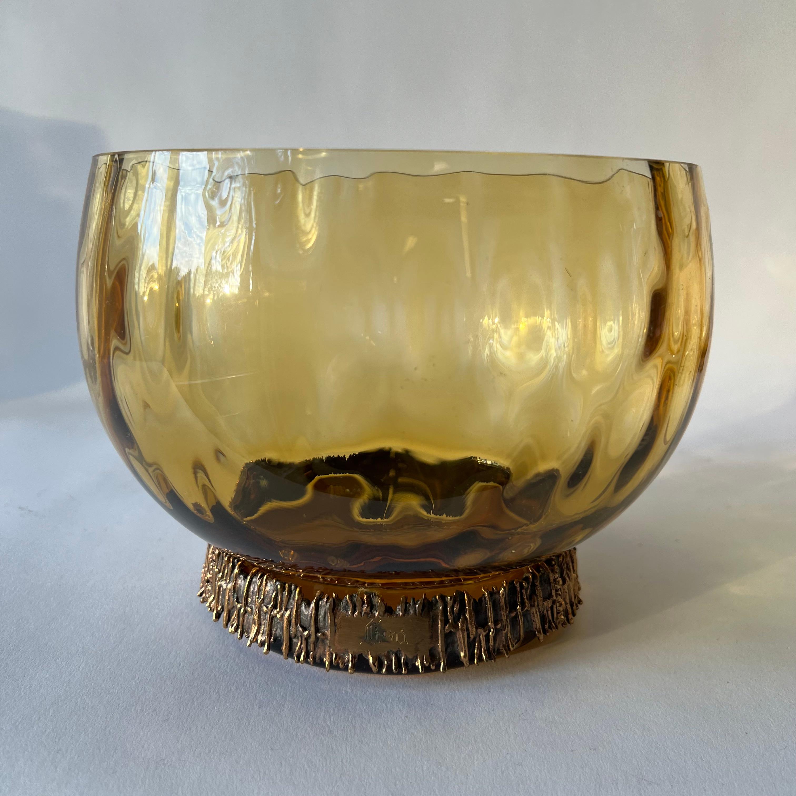 Punch bowl with ladle, cups and cream and sugar set designed and created by Pentti Sarpaneva for Turun Hopea, circa 1960's.  Mold blown glass with polished edges, bronze foot and handles.  All are monogrammed with the name 'Lisa' on a bronze plaque