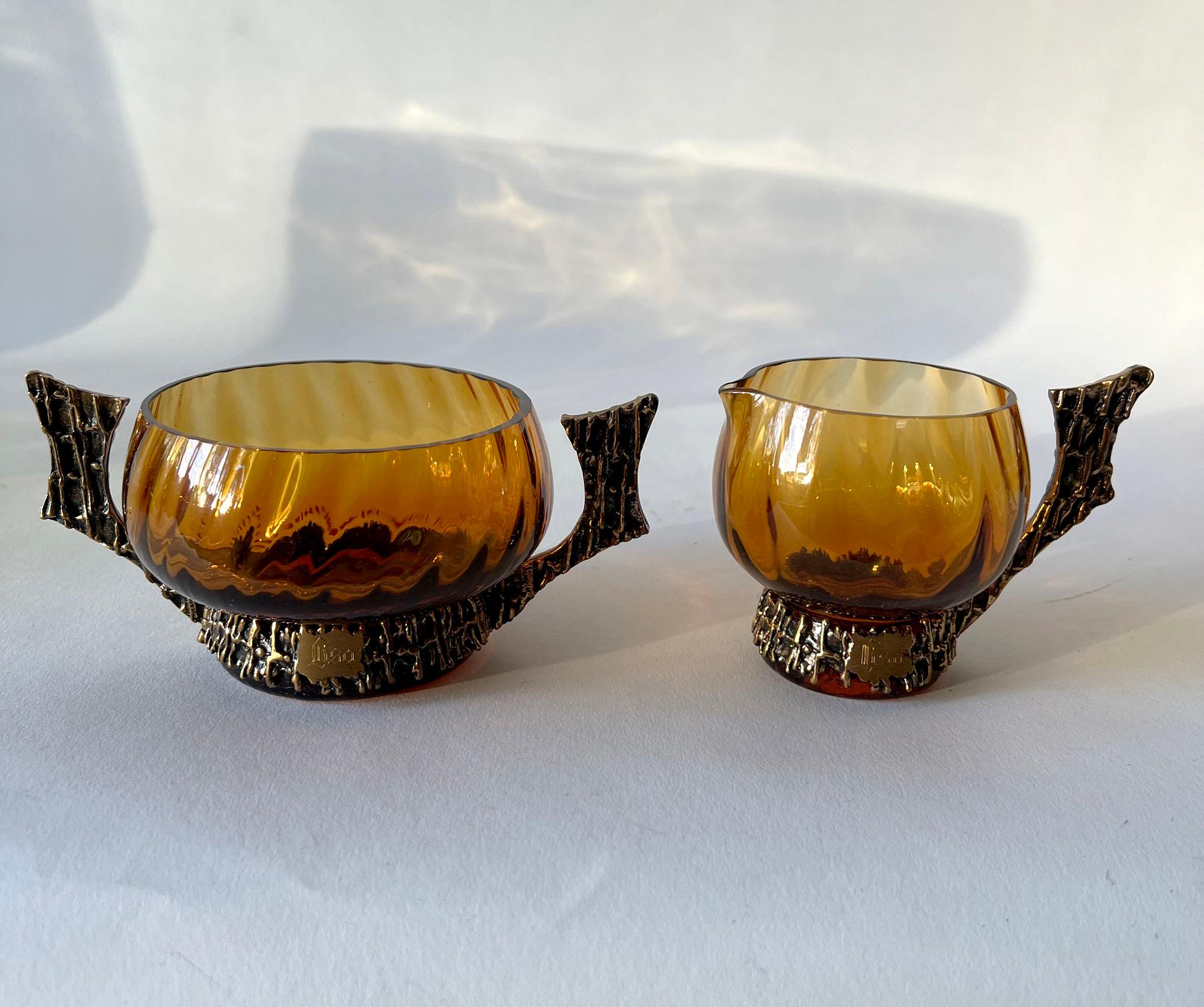 Molded Pentti Sarpaneva Glass Bronze Turun Hopea Punch Bowl Ladle Cups Cream Sugar Set For Sale