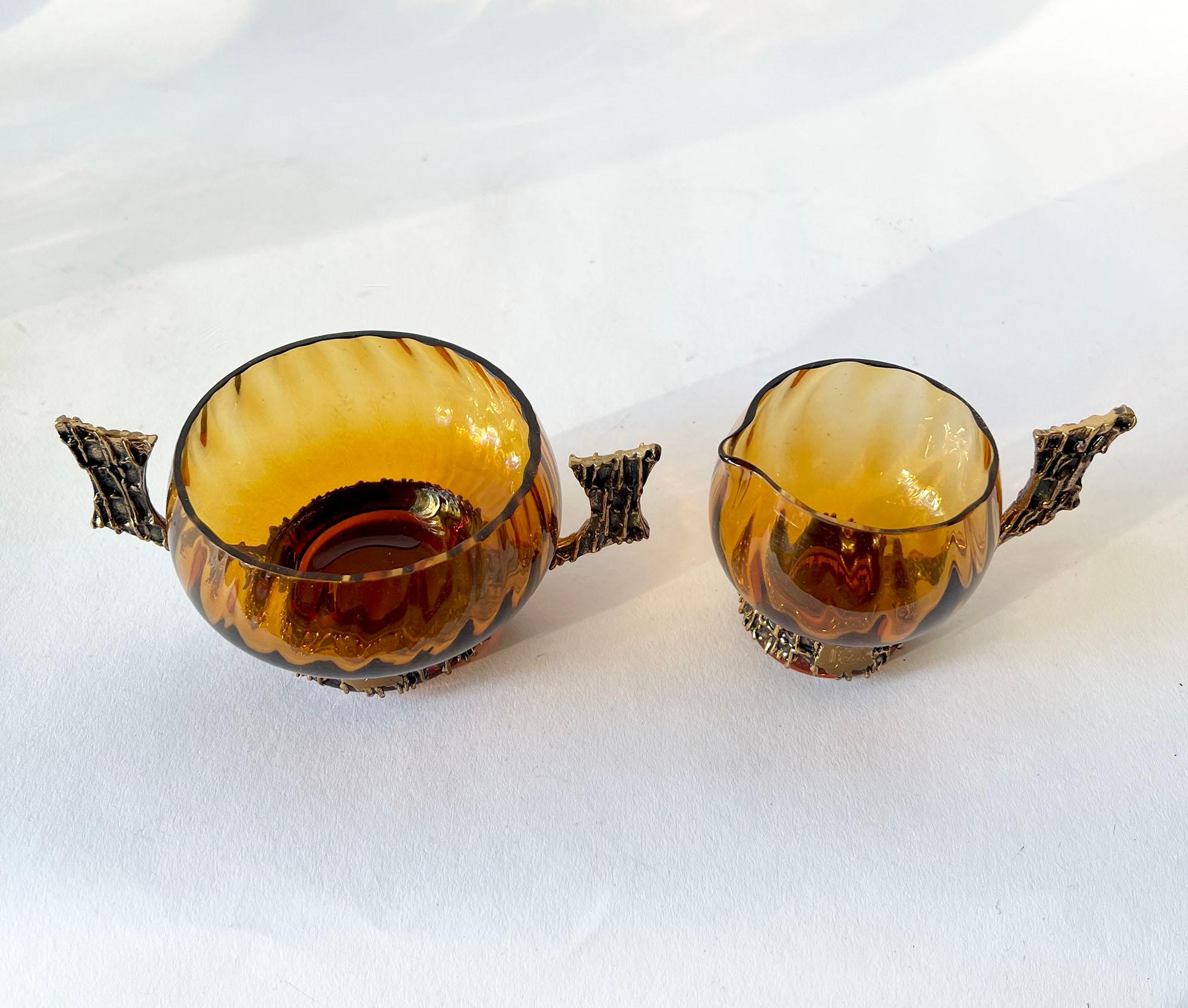Pentti Sarpaneva Glass Bronze Turun Hopea Punch Bowl Ladle Cups Cream Sugar Set In Good Condition For Sale In Palm Springs, CA