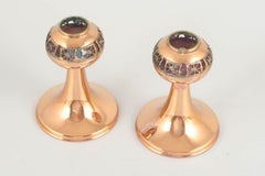 Pentti Sarpaneva. Pair of brass candlesticks with decorative enamel band.