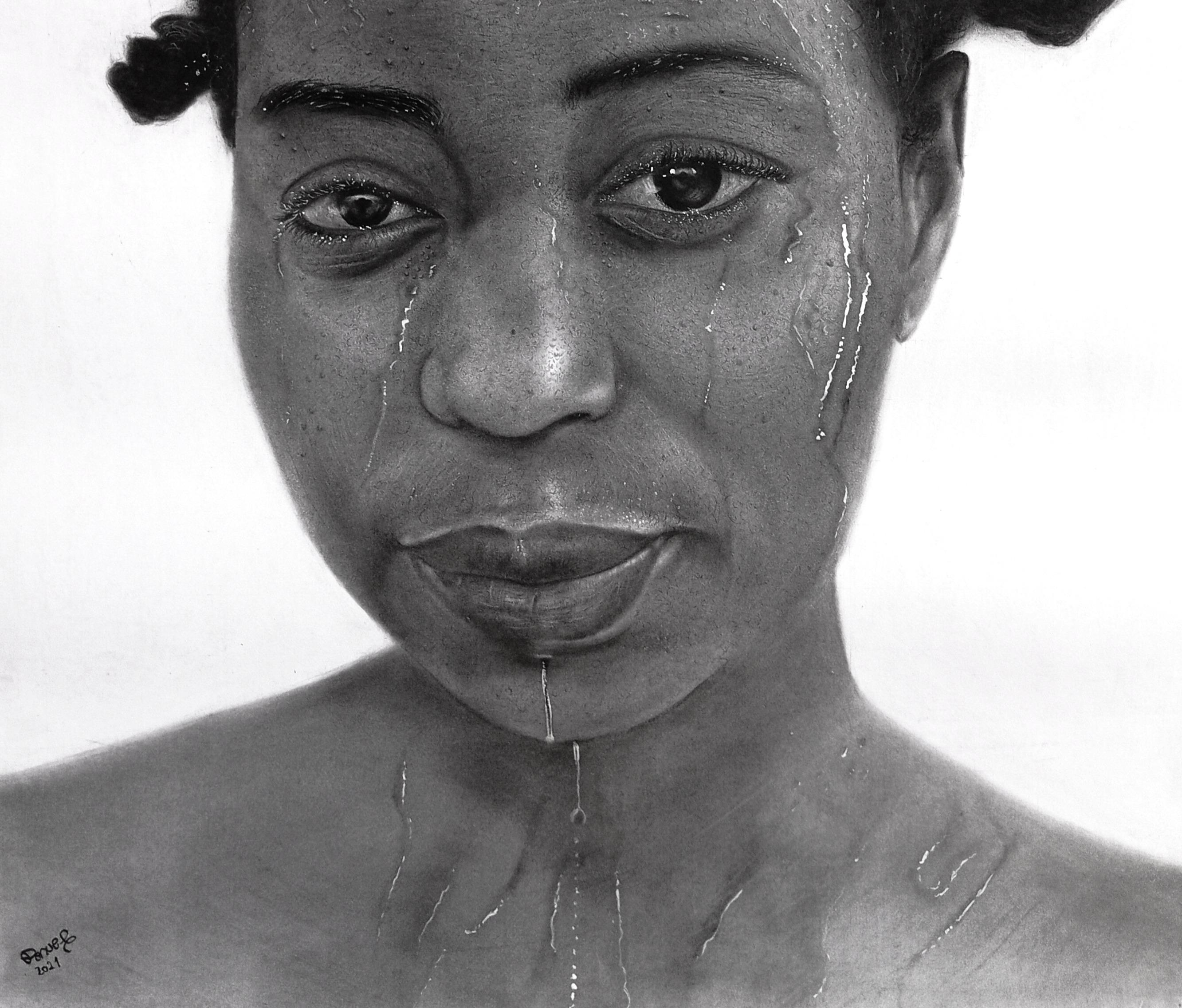 Su Renacimiento - Siglo XXI, Contemporáneo, Blanco y Negro, Mujer, África Pelo - Painting Fotorrealista de Penuel Heber Madeira