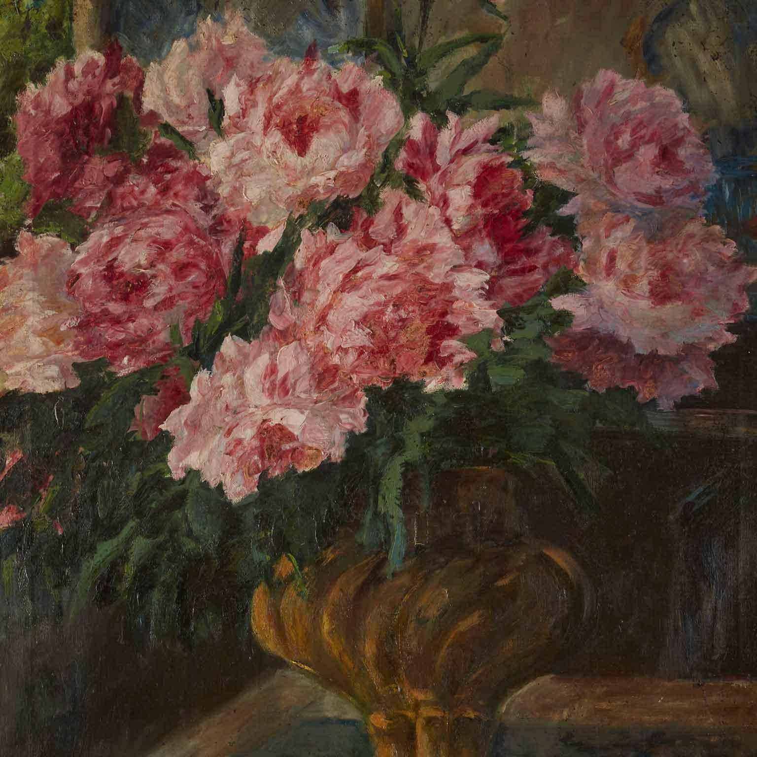 Still Life Of Peonies Airoldi 1924  oil painting on canvas depicting a composition of flowers, of pink peonies within a vase, signed and dated lower right B. Ajroldi 1924.

A flashy and lush floral arrangement where the peony is the undisputed star.