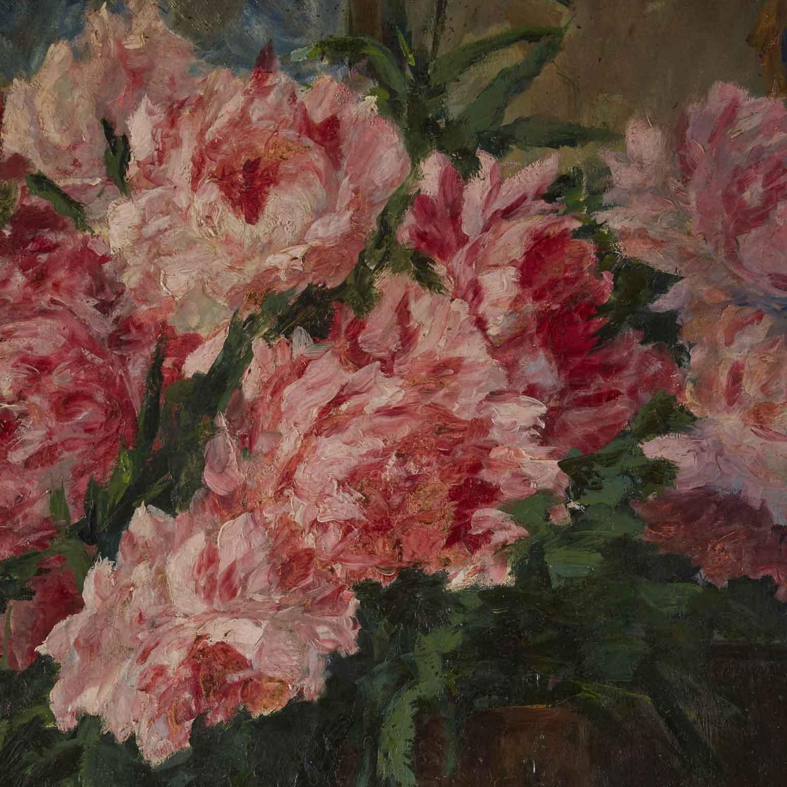 Art Deco Still Life of Pink Peonies Italian Oil Painting on Canvas Signed Airoldi 1924 For Sale