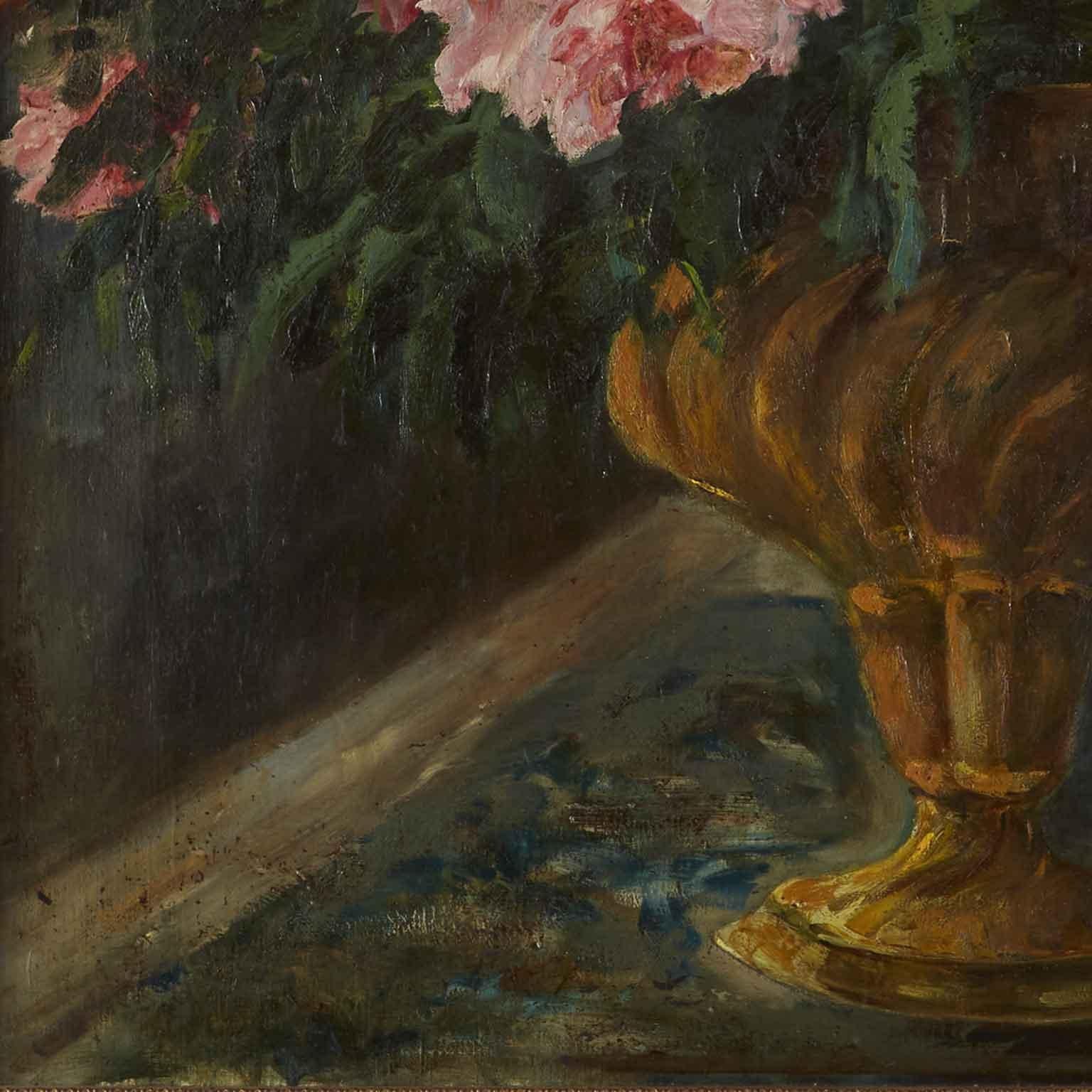 Still Life of Pink Peonies Italian Oil Painting on Canvas Signed Airoldi 1924 In Good Condition For Sale In Milano, MI
