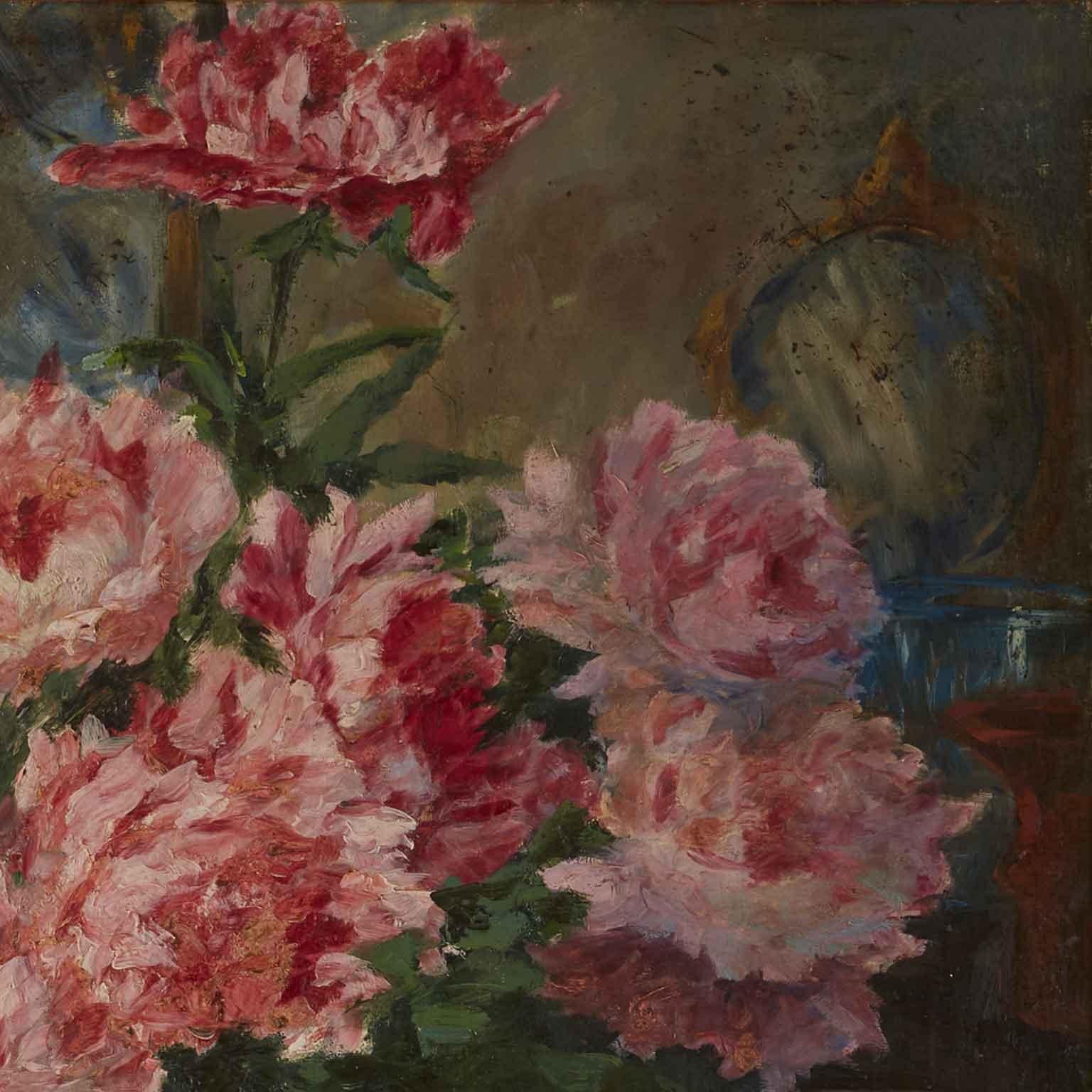 Early 20th Century Still Life of Pink Peonies Italian Oil Painting on Canvas Signed Airoldi 1924 For Sale
