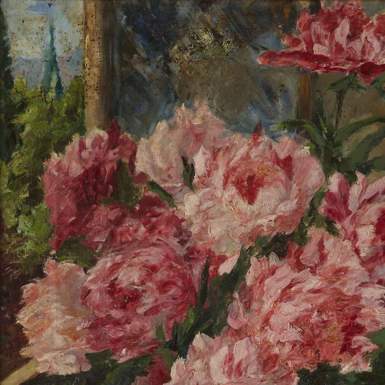 Still Life of Pink Peonies Italian Oil Painting on Canvas Signed Airoldi 1924 For Sale 1