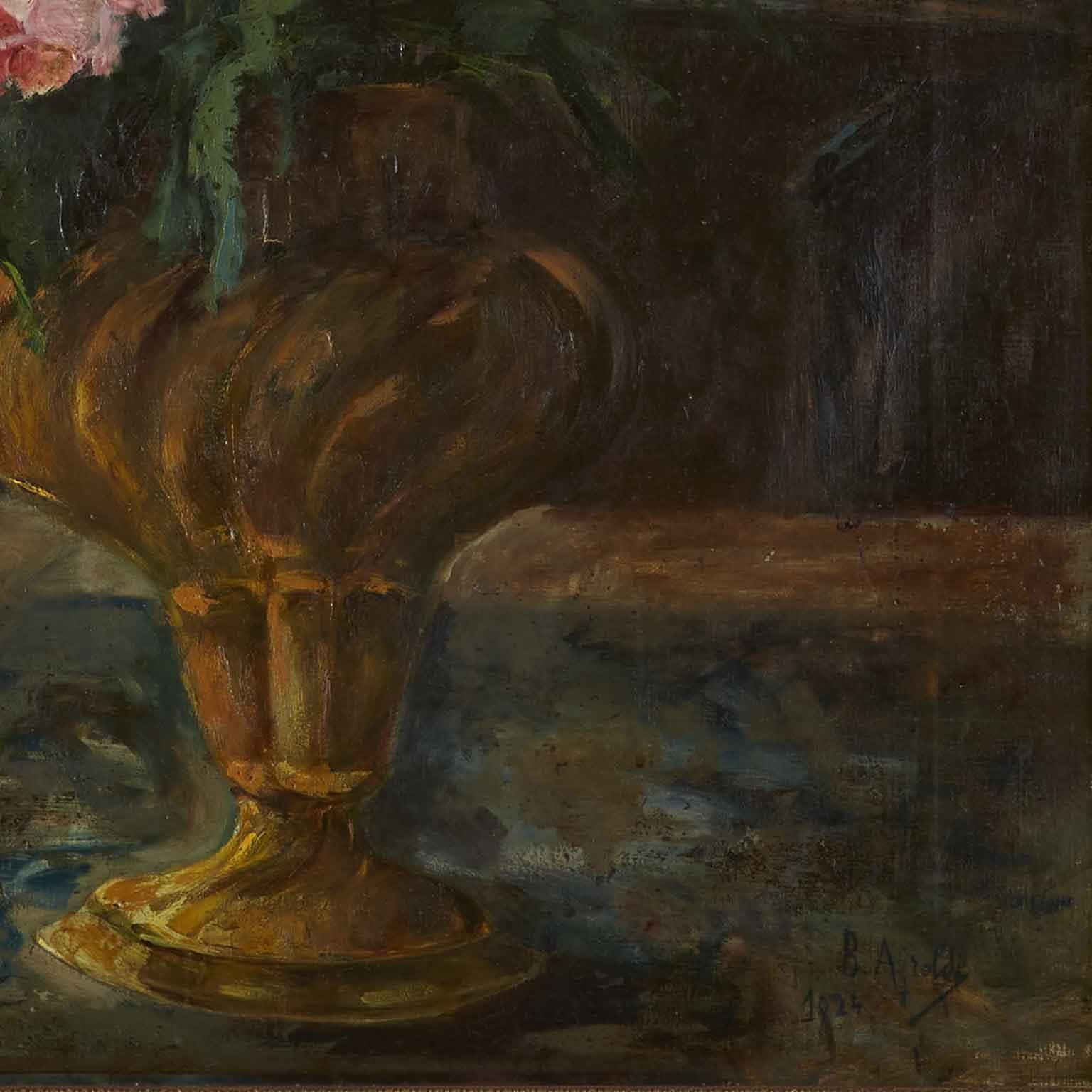 Still Life of Pink Peonies Italian Oil Painting on Canvas Signed Airoldi 1924 For Sale 3