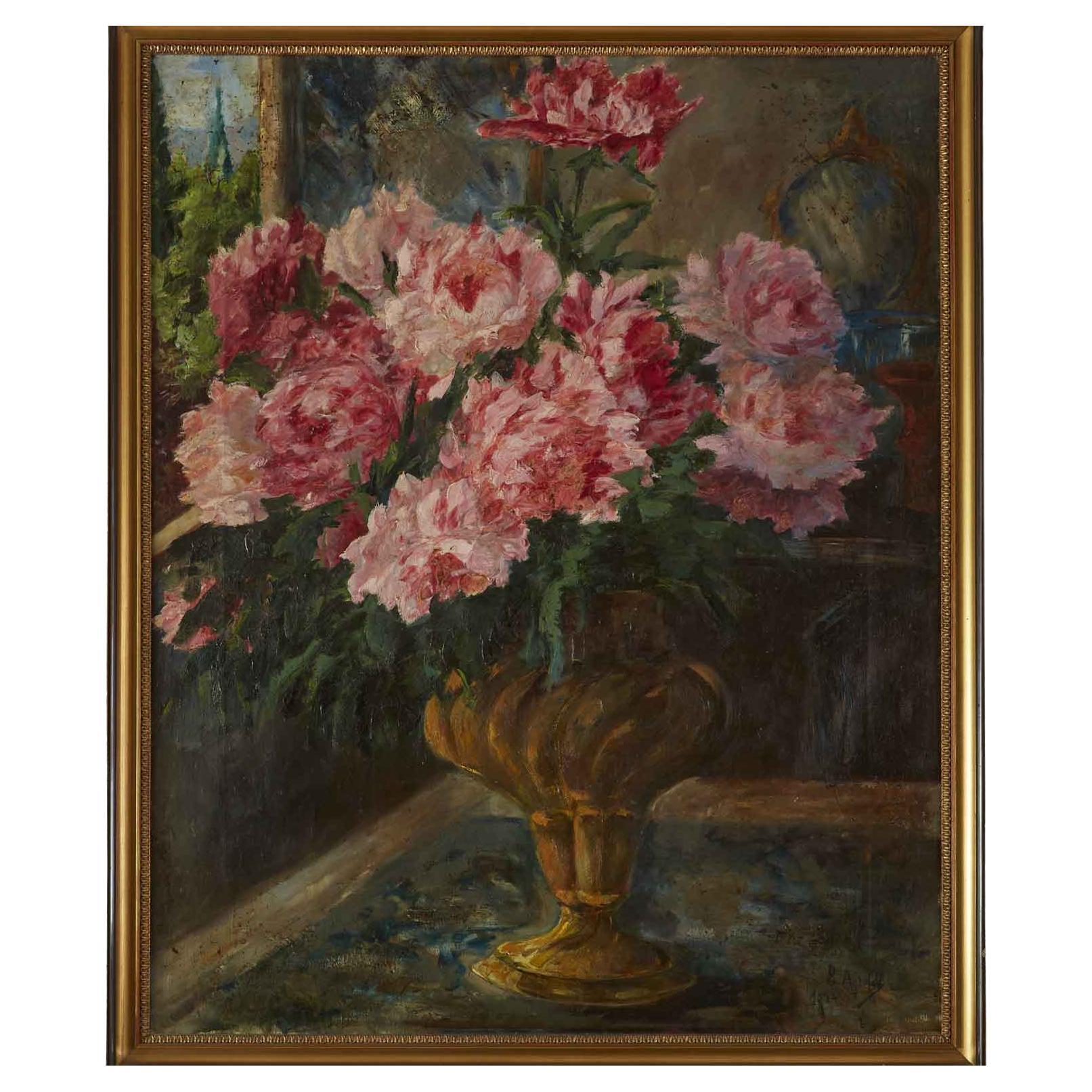 Still Life of Pink Peonies Italian Oil Painting on Canvas Signed Airoldi 1924