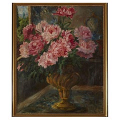 Antique Pink Peonies Still Life Italian Flowers Signed Airoldi and Dated 1924