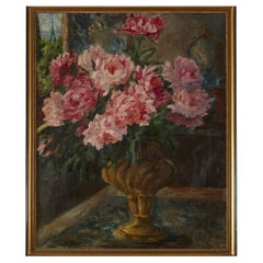 Still Life of Pink Peonies Italian Oil Painting on Canvas Signed Airoldi 1924