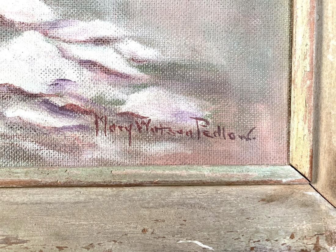 Oil painting on board, peonies in a vase signed by Mary Watson Pedlow. White peonies in a green vase in gray washed frame. Unframed dimensions: 25.5